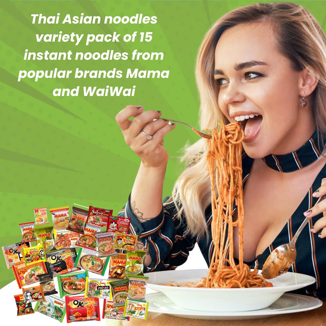 Hcg Thai Ramen Noodles Variety Pack With Mama Soup And Wai Wai Quick Instant Noodle, Pack Of 15 With Chopsticks, 18 Piece Set