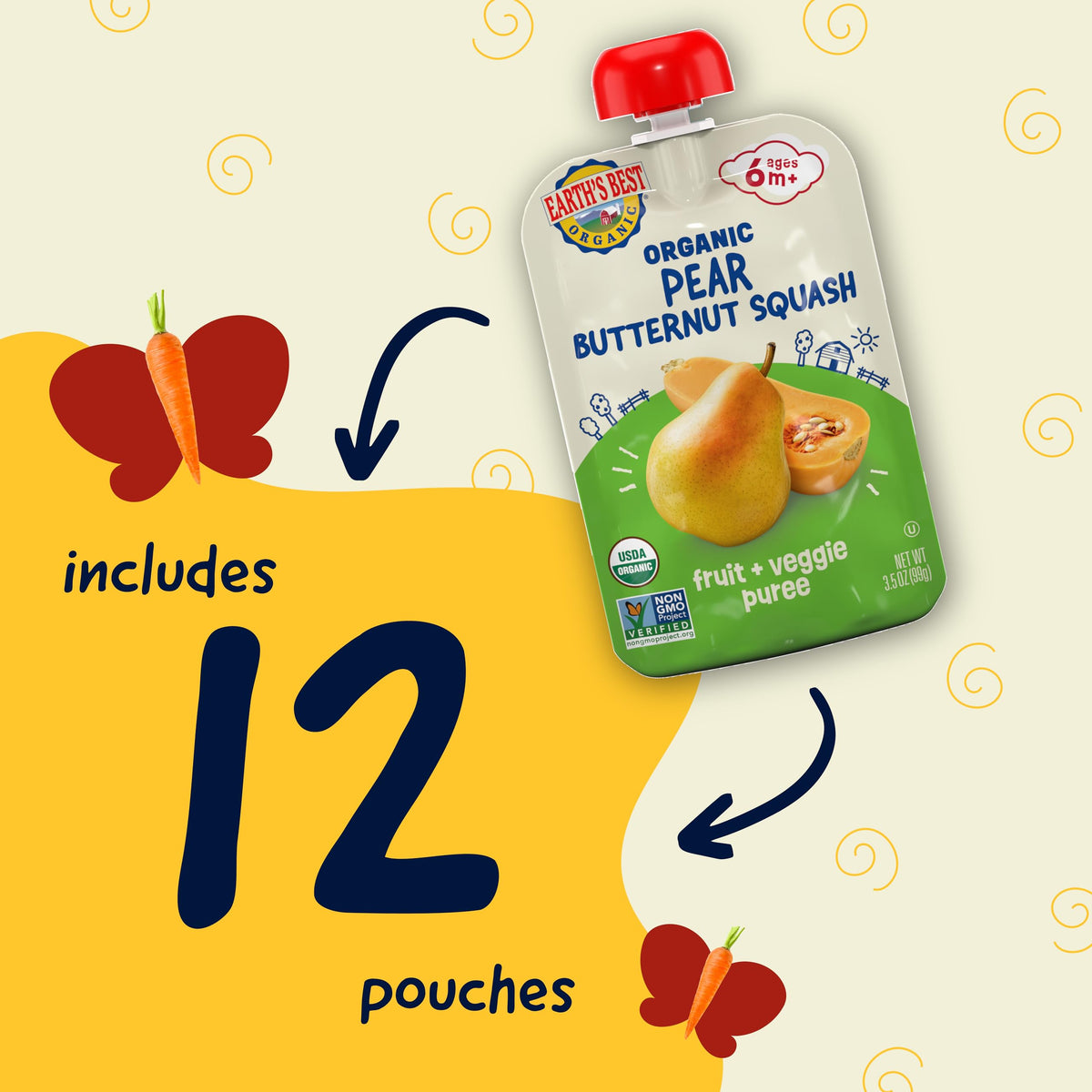 Earth'S Best Organic Pear Butternut Squash Fruit + Veggie Puree 3.5Oz Pouch (Pack Of 12)