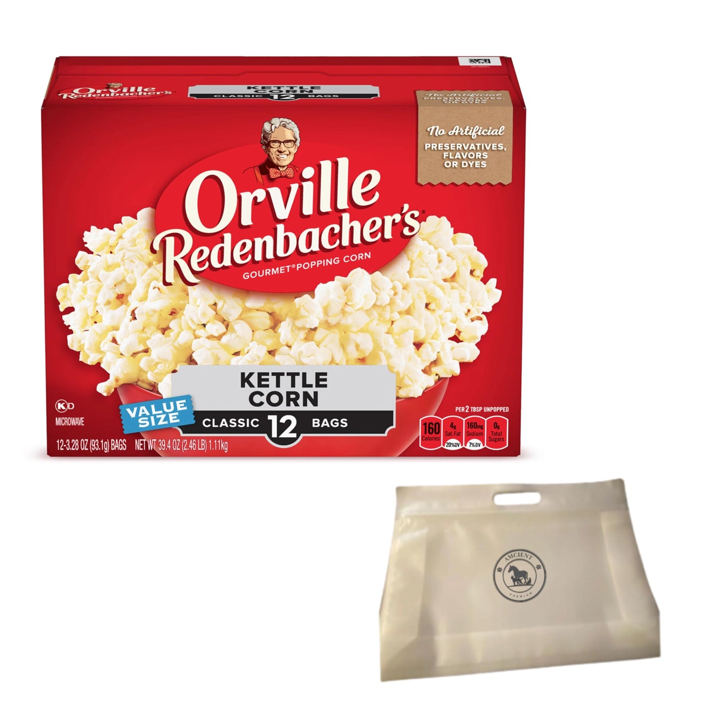AMCIENT Kettle Corn Microwave Popcorn, 3.28 Oz, 12 Count Bundle with Reusable Snack Pouch