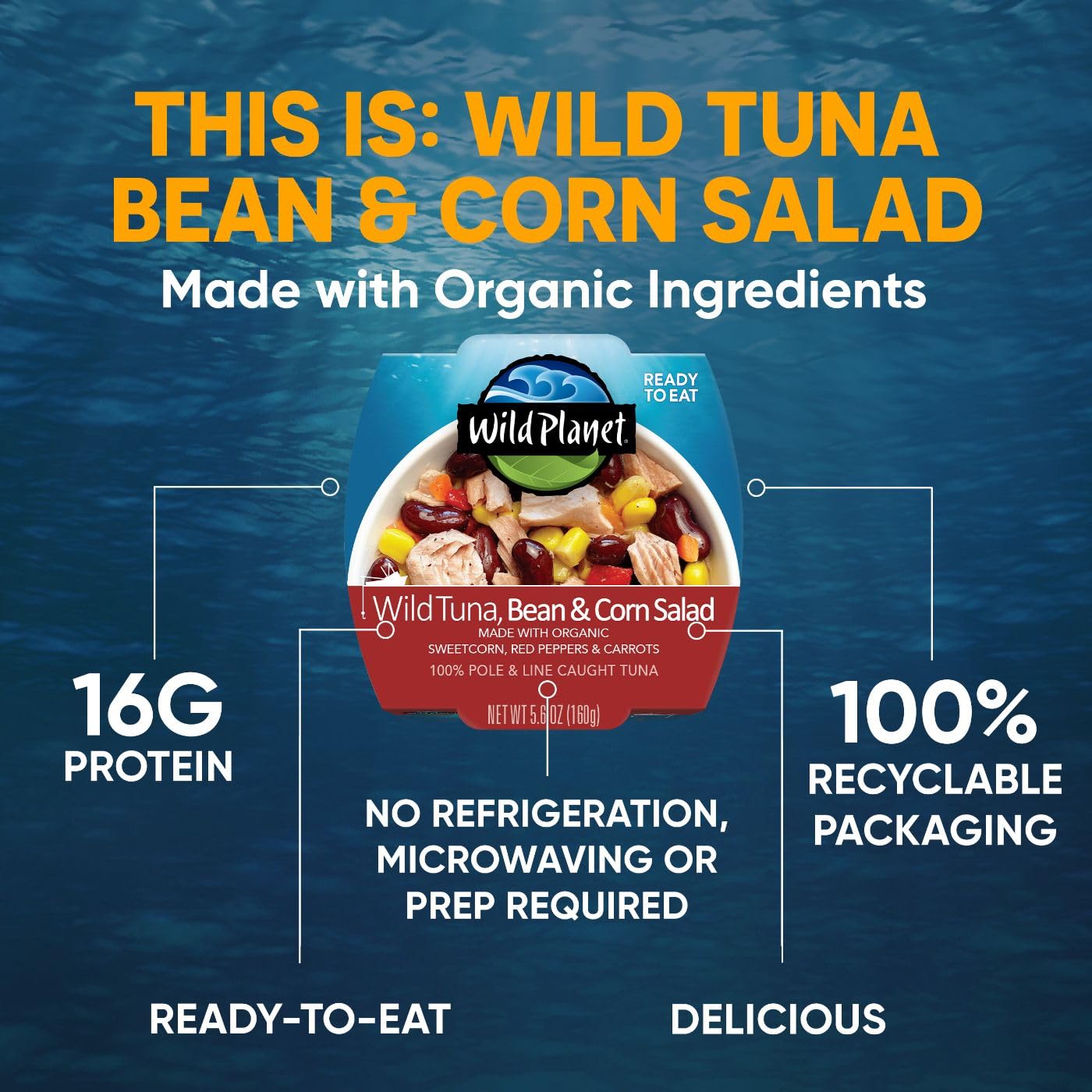 Wild Planet Ready-to-Eat Wild Tuna, Bean & Corn Salad with Organic Sweetcorn, Red Peppers and Carrots, 5.6oz, Pack of 1