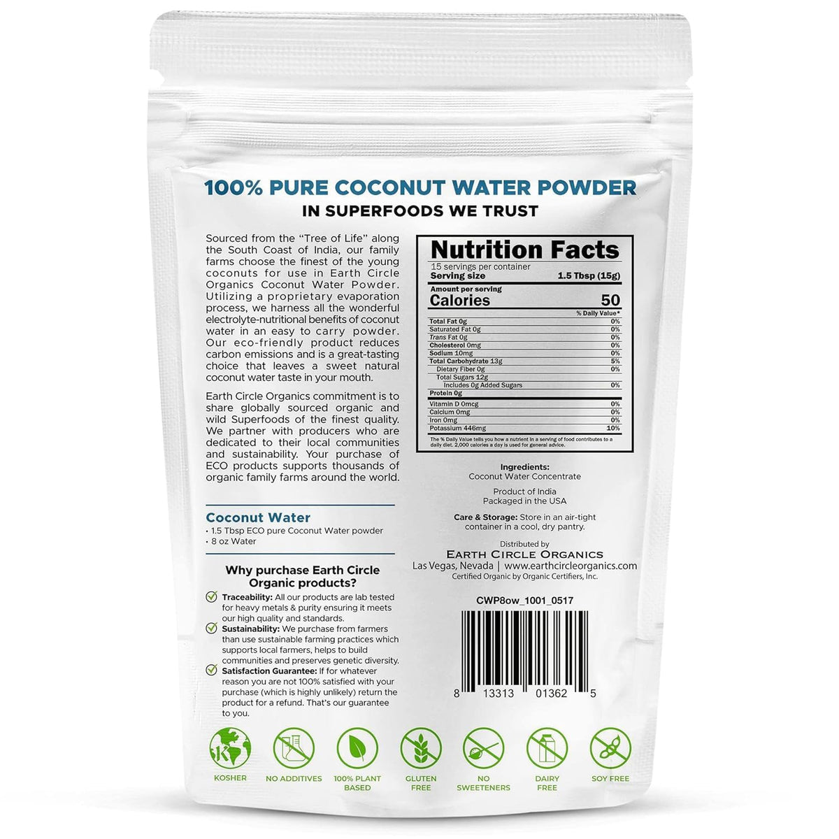 Earth Circle Organics Coconut Water Powder, Hydration & Electrolyte dietary product, Unsweetened, Vegan, Gluten Free, 8 oz (Pack of 2)