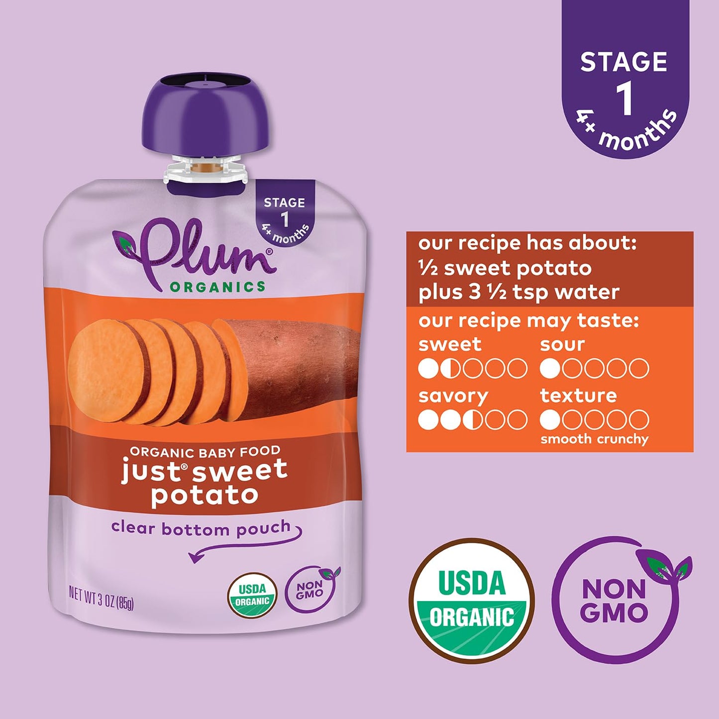 Plum Organics Stage 1 Baby Food, Sweet Potato Puree, 3 Oz