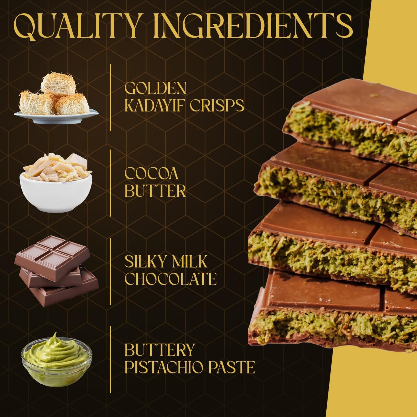 Authentic Mini Dubai-Style Chocolate Bar | 3.36 oz of elegant Middle Eastern Indulgence | enhanced Milk Chocolate  Golden Kadayif Crisps  Velvety Tahini & Hand-Harvested Pistachios - Imported from Turkey