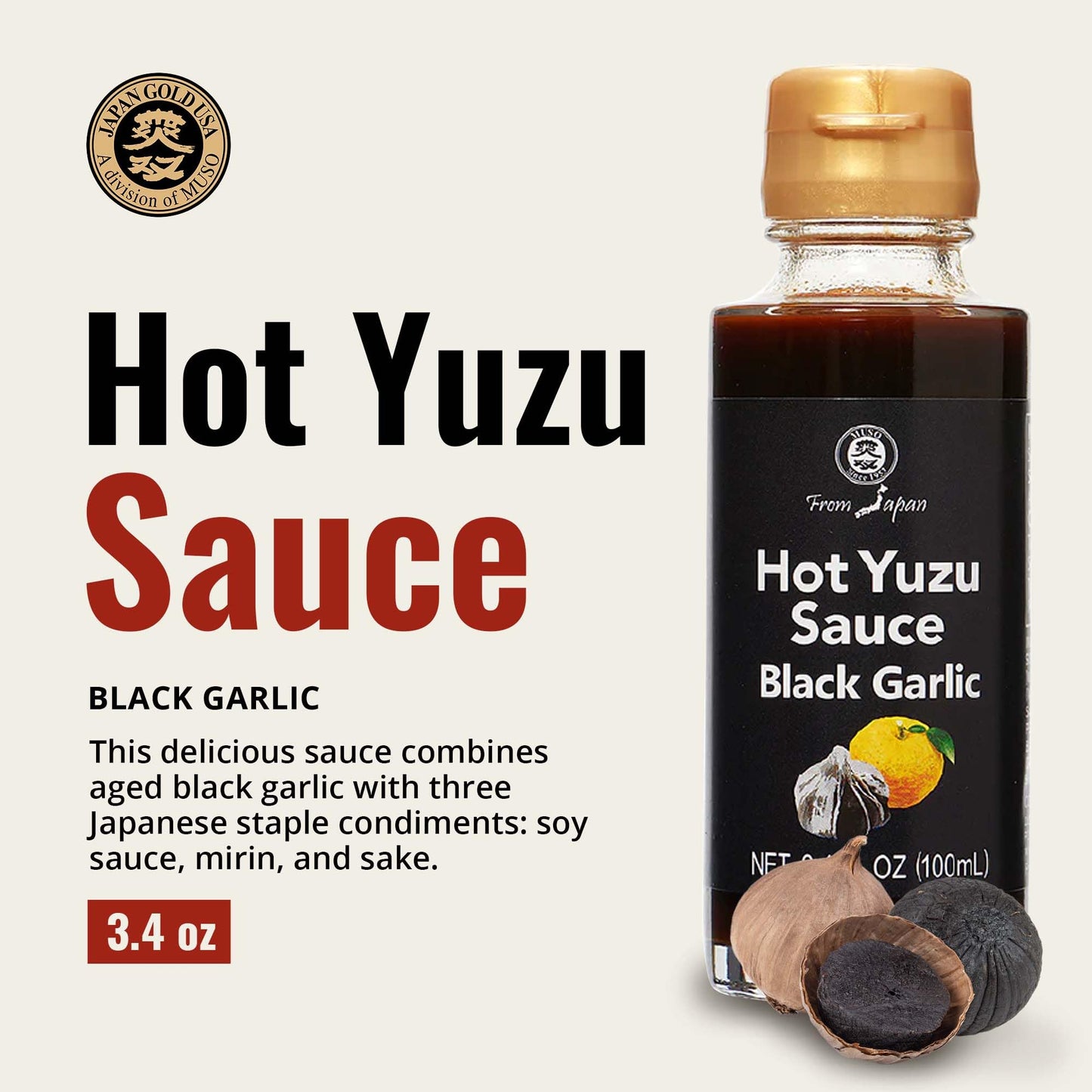 Muso From Japan - Hot Yuzu Sauce Black Garlic - Bold Flavor, Vegan And Gluten-Free - 3.4 Fl Oz