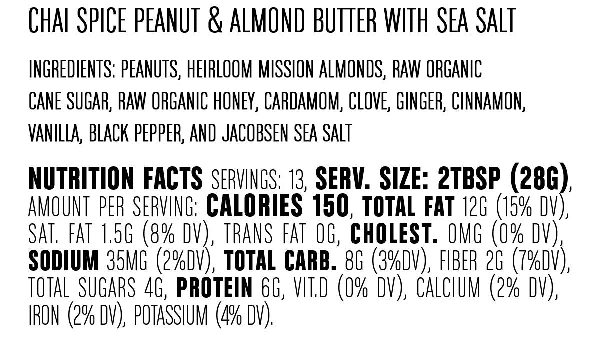 Big Spoon Roasters Chai Almond & Peanut Butter W/ Raw Honey & Sea Salt - Keto Friendly, Low Sugar Almond Butter - Crunchy Almond