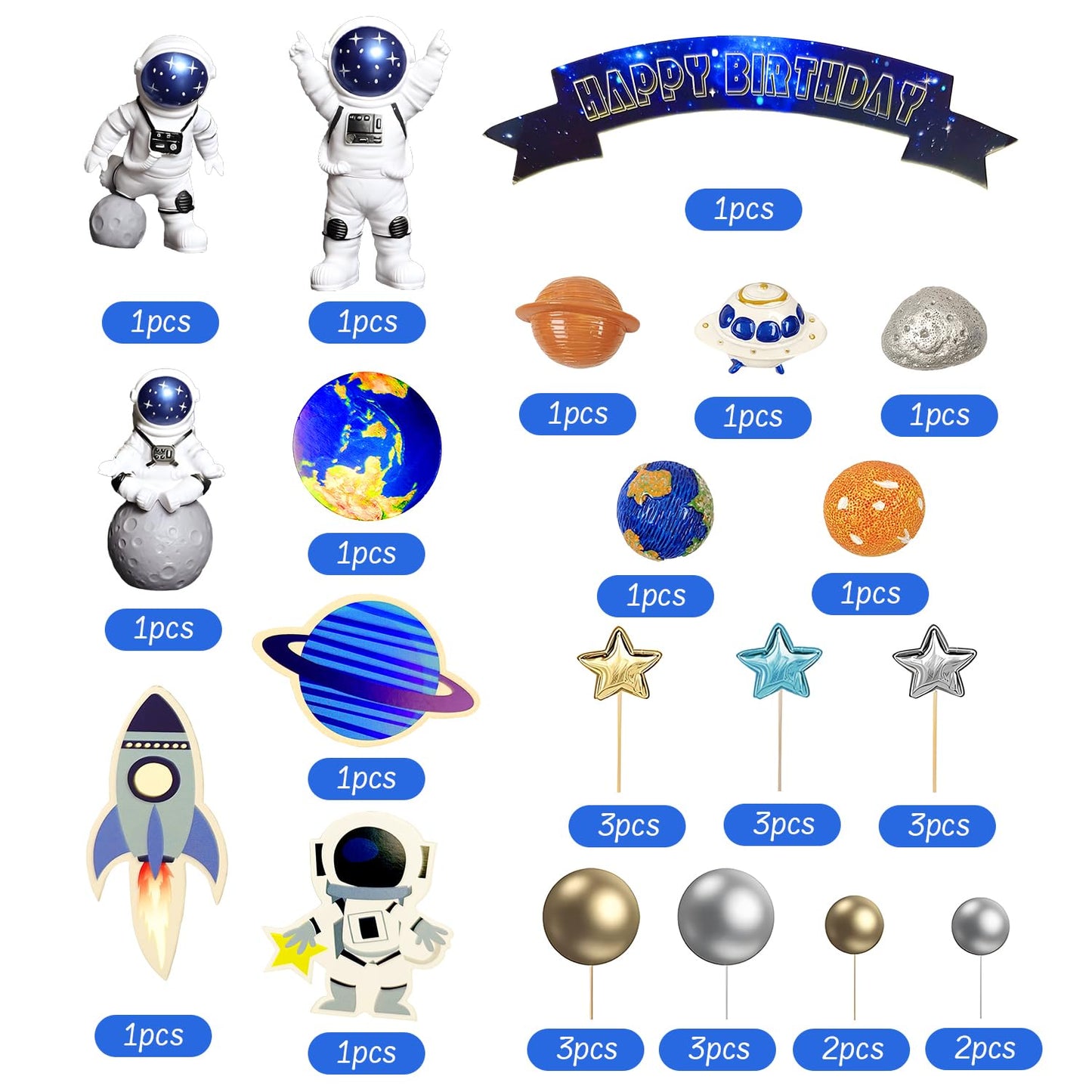 Ayearparty 32 Pcs Space Cake Toppers Outer Space Cake Decorations Astronaut Figurines Planet Rocket Stars And Satellite Pearl Ba