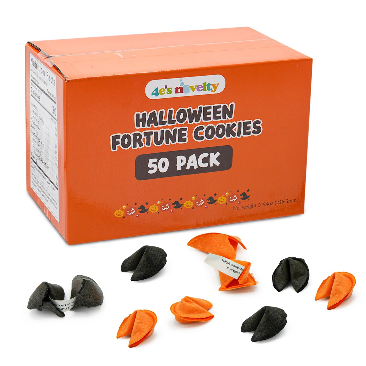 4Es Novelty Halloween Fortune Cookies Bulk - 50 Individually Wrapped with 50 Funny & Scary Fortune Cookies Sayings for Kids & mature-themeds  Trick-or-Treat Perfect for Halloween Party