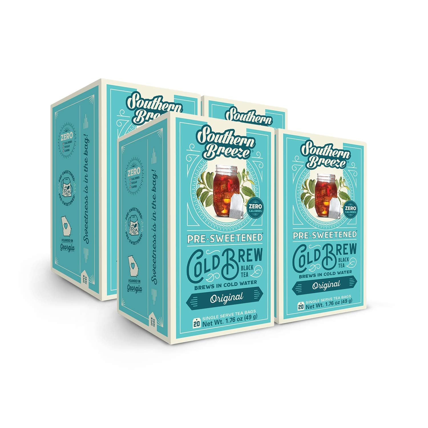 Southern Breeze Cold Brew Sweet Tea Original Iced Tea with Black Tea and Zero Carbs Zero Sugar, 20 Individually Wrapped Tea Bags