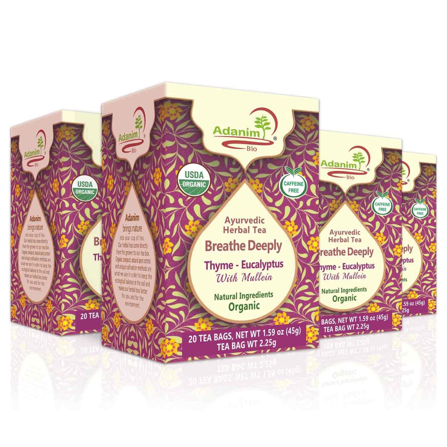 Adanim Bio Thyme Tea, Value Pack 80 Teabags With Organic Mullein Leaf And Eucalyptus Tea, Enhanced Respiratory And Lung Health, Caffeine Free Thyme Tea Bags