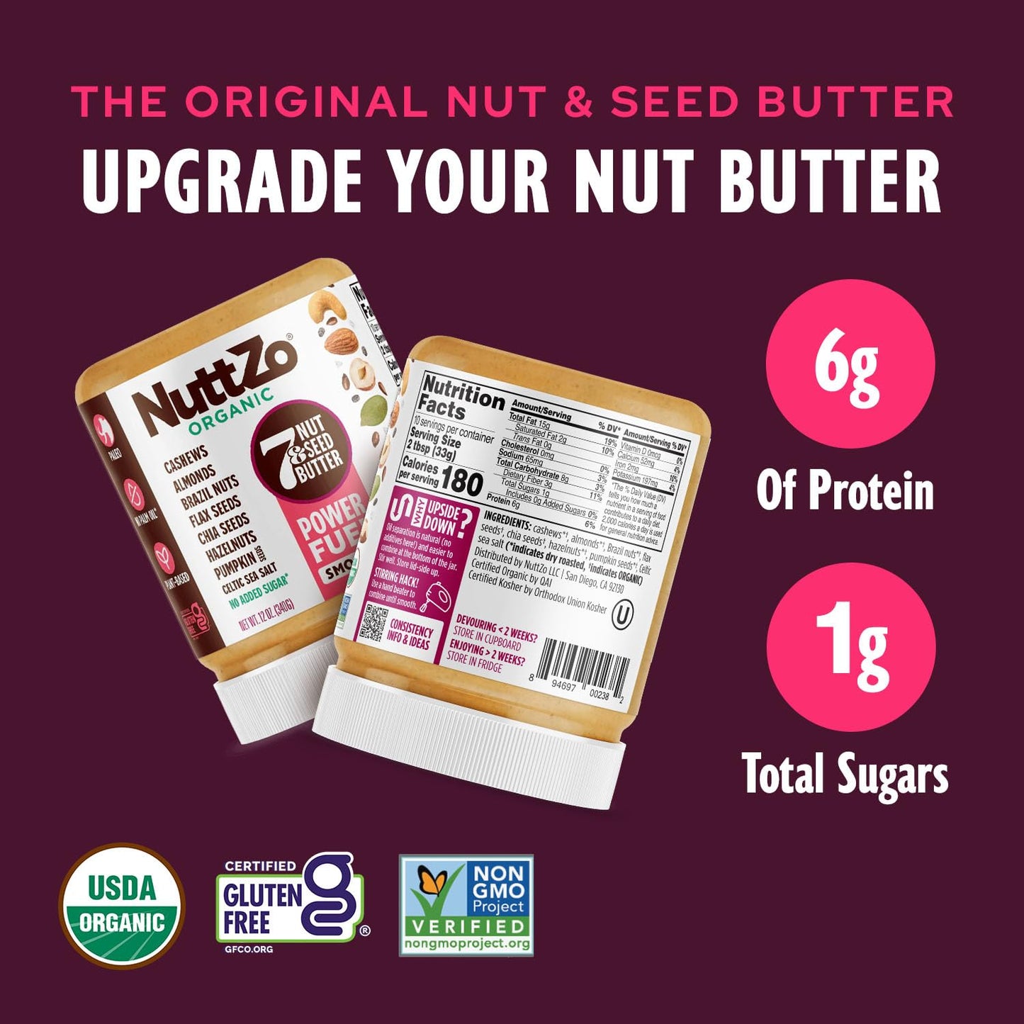 Nuttzo, Organic, Power Fuel, 7 Nut & Seed Butter, Smooth, 12 oz (340 g)