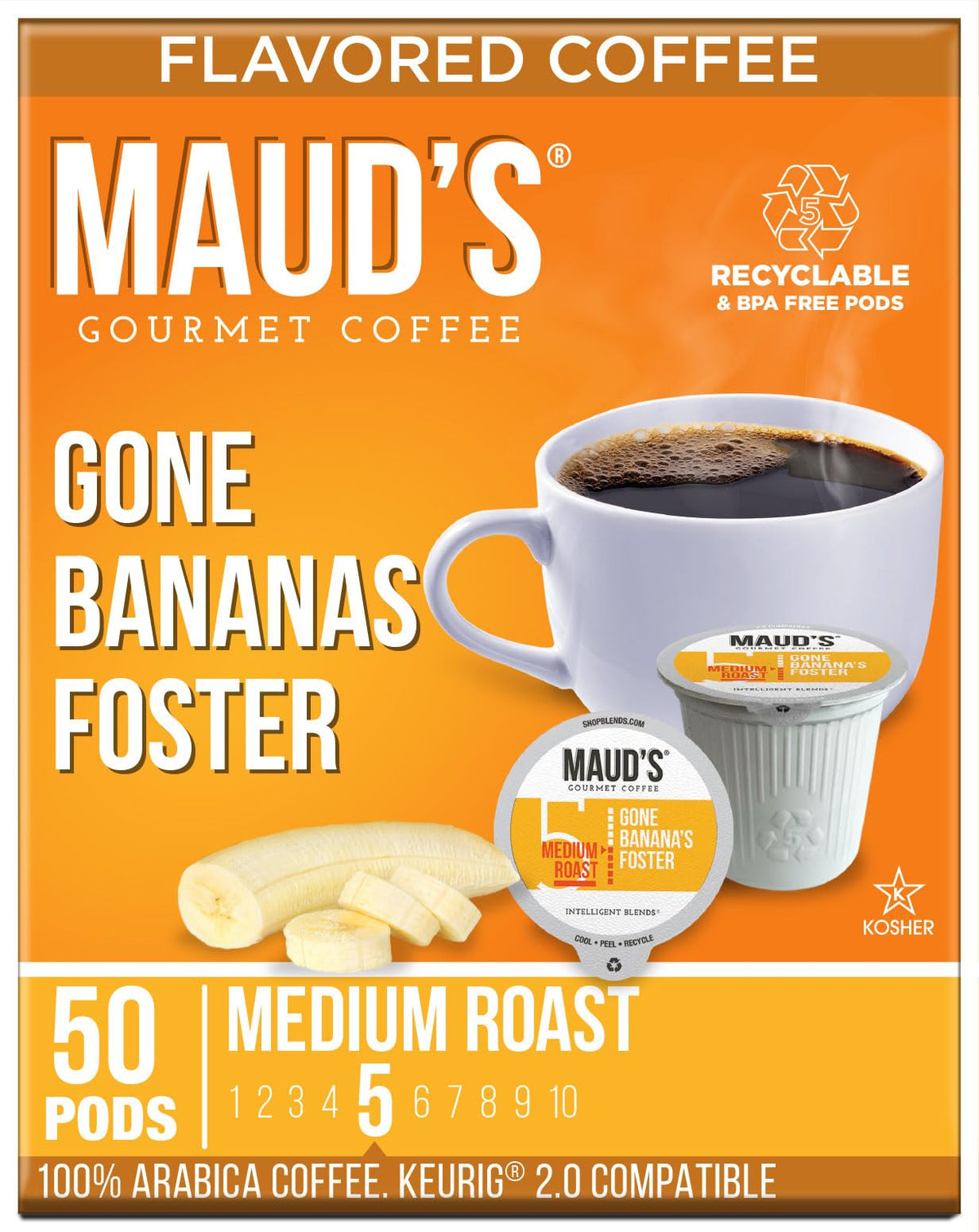 Maud'S Banana Foster Flavored Coffee Pods, 50 Ct | Gone Banana'S Foster Flavor | 100% Arabica Medium Roast Coffee | Solar Energy