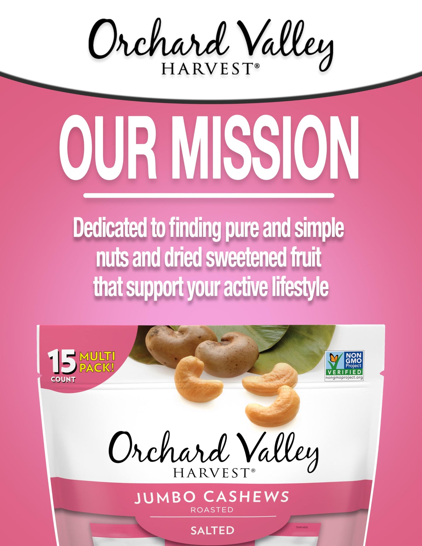 Orchard Valley Harvest Jumbo Cashews, 1 oz Bags (Pack of 15), Whole Roasted Salted Cashews, Gluten Free, No Artificial Colors, F