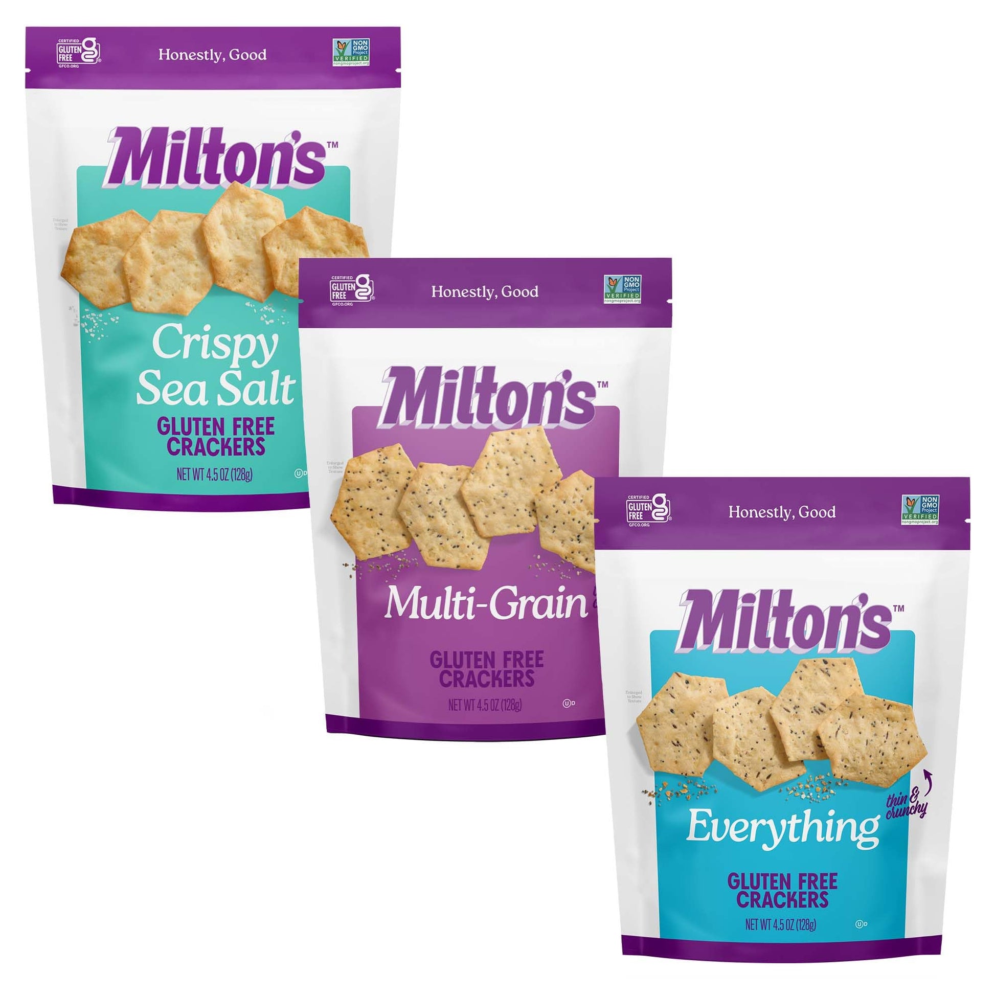 Miltons Gluten Free Crackers Variety Bundle (Crispy Sea Salt, Multi-Grain, Everything) - Non-GMO Project Verified, Kosher, Certi