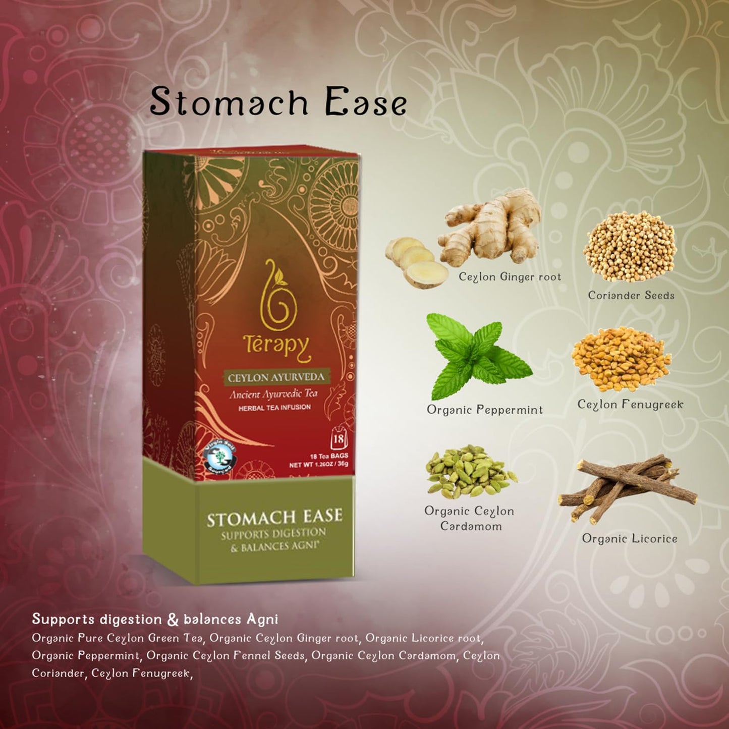 T  rapy Ceylon Stomach Ease Herbal Tea Bags | Soothes Stomach & Supports Healthy Digestion | All Natural Ayurvedic Ingredients I
