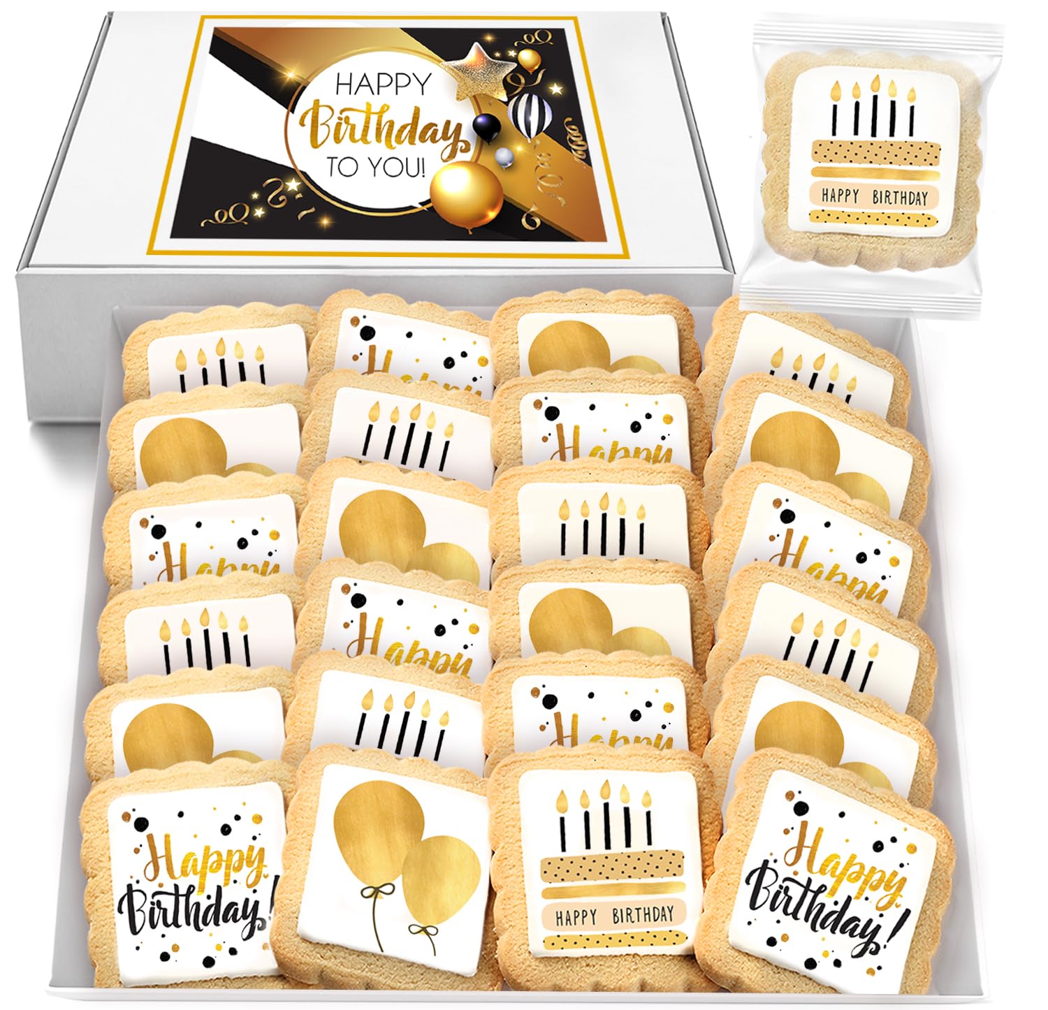 Happy Birthday Cookies Bulk 24 Pack Individually Wrapped Party Favors Food Gold For Men Women Kids Gift Basket | Gourmet Decorated Sugar Cookie | Nut-Free