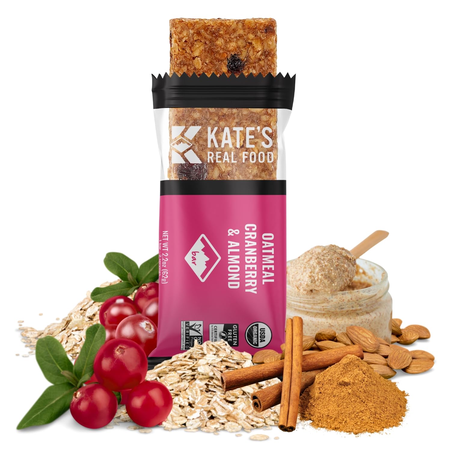 Kates Organic Energy Bars, Non-GMO, Gluten-Free, Oatmeal Cranberry & Almond, 2.2 oz (Pack of 12), Multicolor