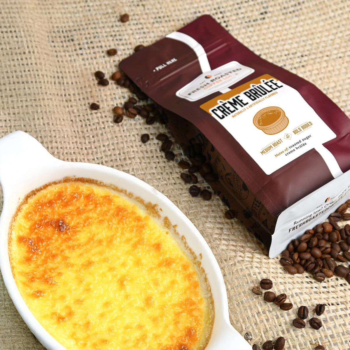 Fresh Roasted Coffee, Crème Brûlée Flavored Coffee, 12 Oz, Medium Roast, Kosher, Whole Bean