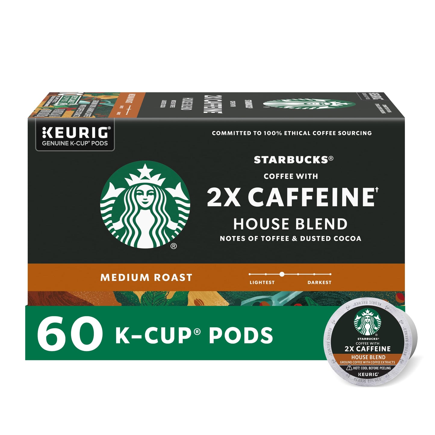 Starbucks K-Cup Coffee Pods, Medium Roast with 2X Caffeine, 10 Count per Box, 6 Boxes (60 Pods Total)