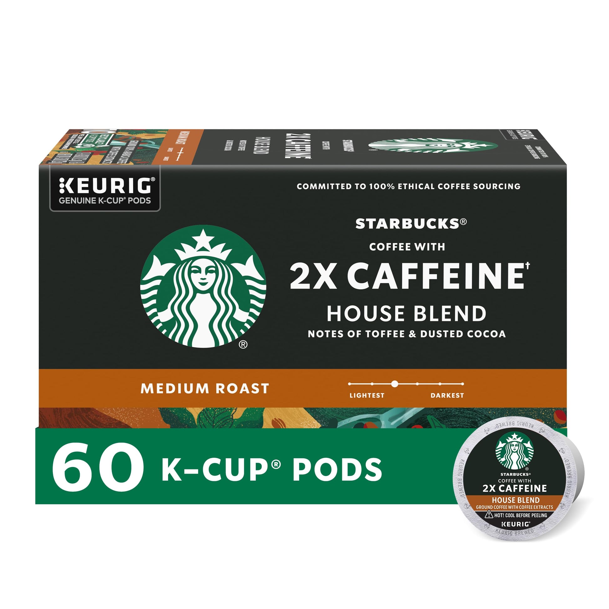 Starbucks K-Cup Coffee Pods, Medium Roast with 2X Caffeine, 10 Count per Box, 6 Boxes (60 Pods Total)