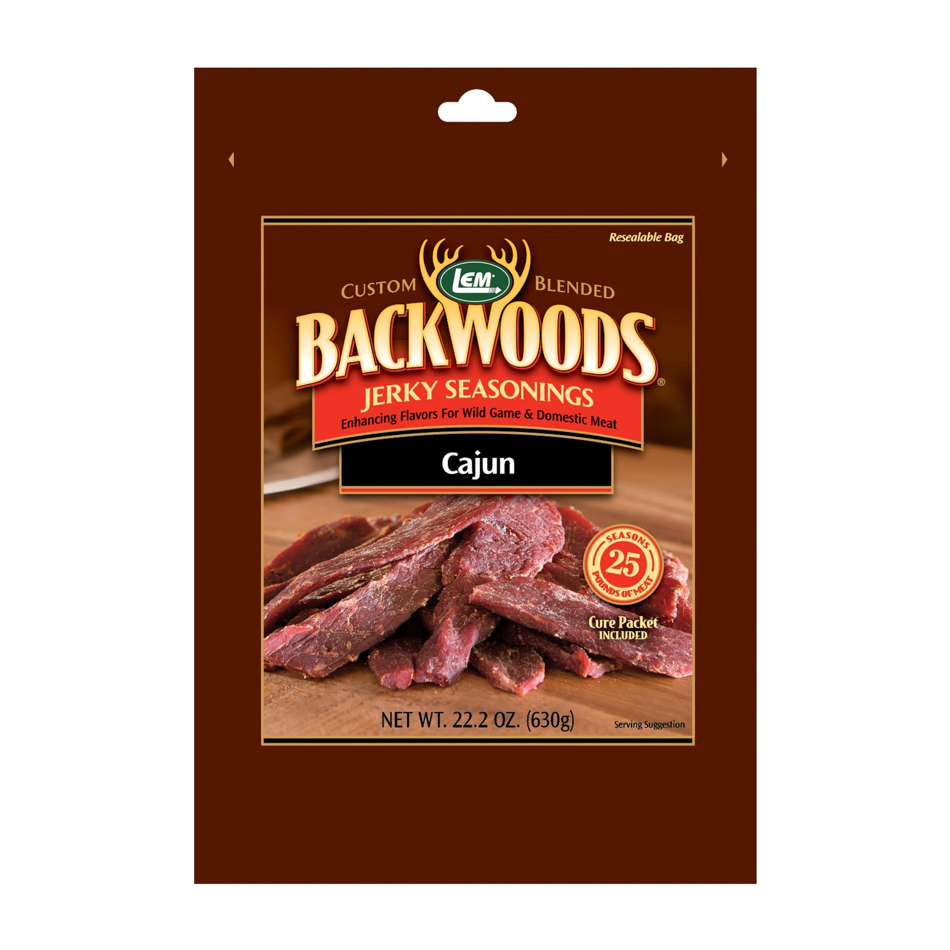 LEM Products Backwoods Cajun Jerky Seasoning, Ideal for Wild Game and Domestic Meat, Seasons Up to 25 Pounds of Meat, 22.2 Ounce Packet with Pre-Measured Cure Packet Included