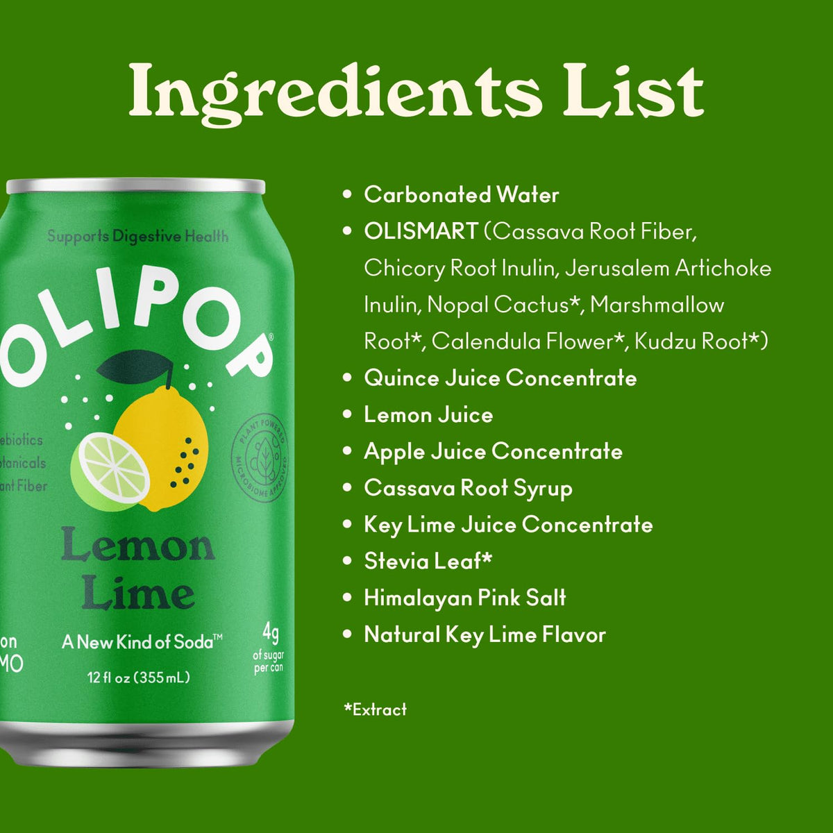 OLIPOP Prebiotic Soda Pop  Lemon Lime  Prebiotics  Botanicals  Plant Fiber  12 fl oz