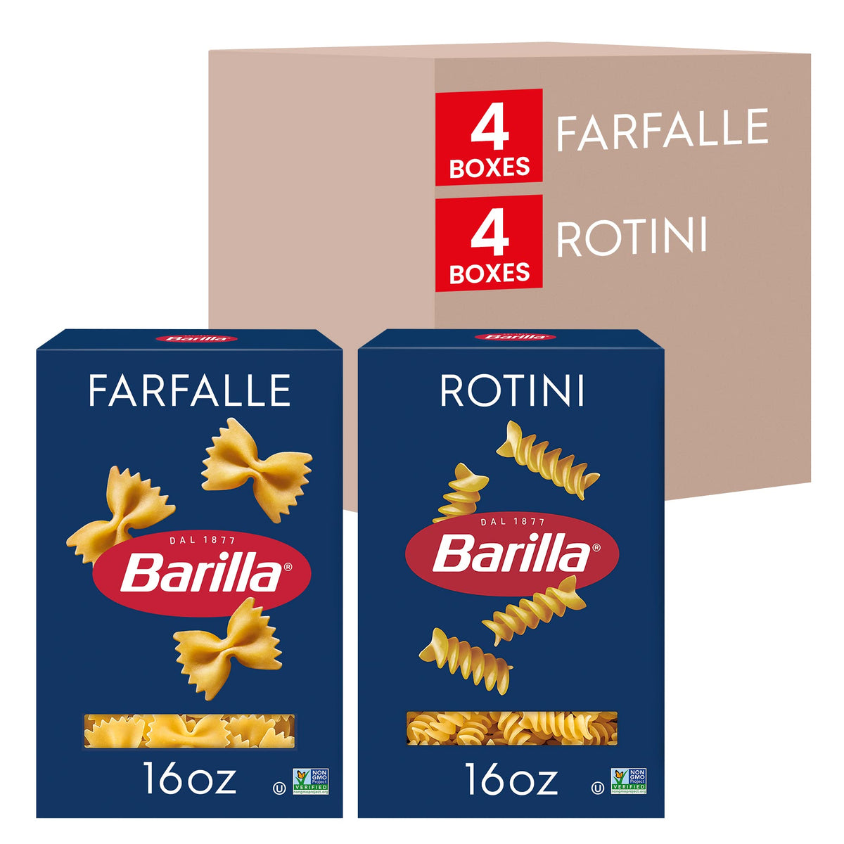 Barilla Pasta Variety Pack, Farfalle & Rotini, 16 oz Boxes (8 Pack), Made in Italy, 8 Servings per Box