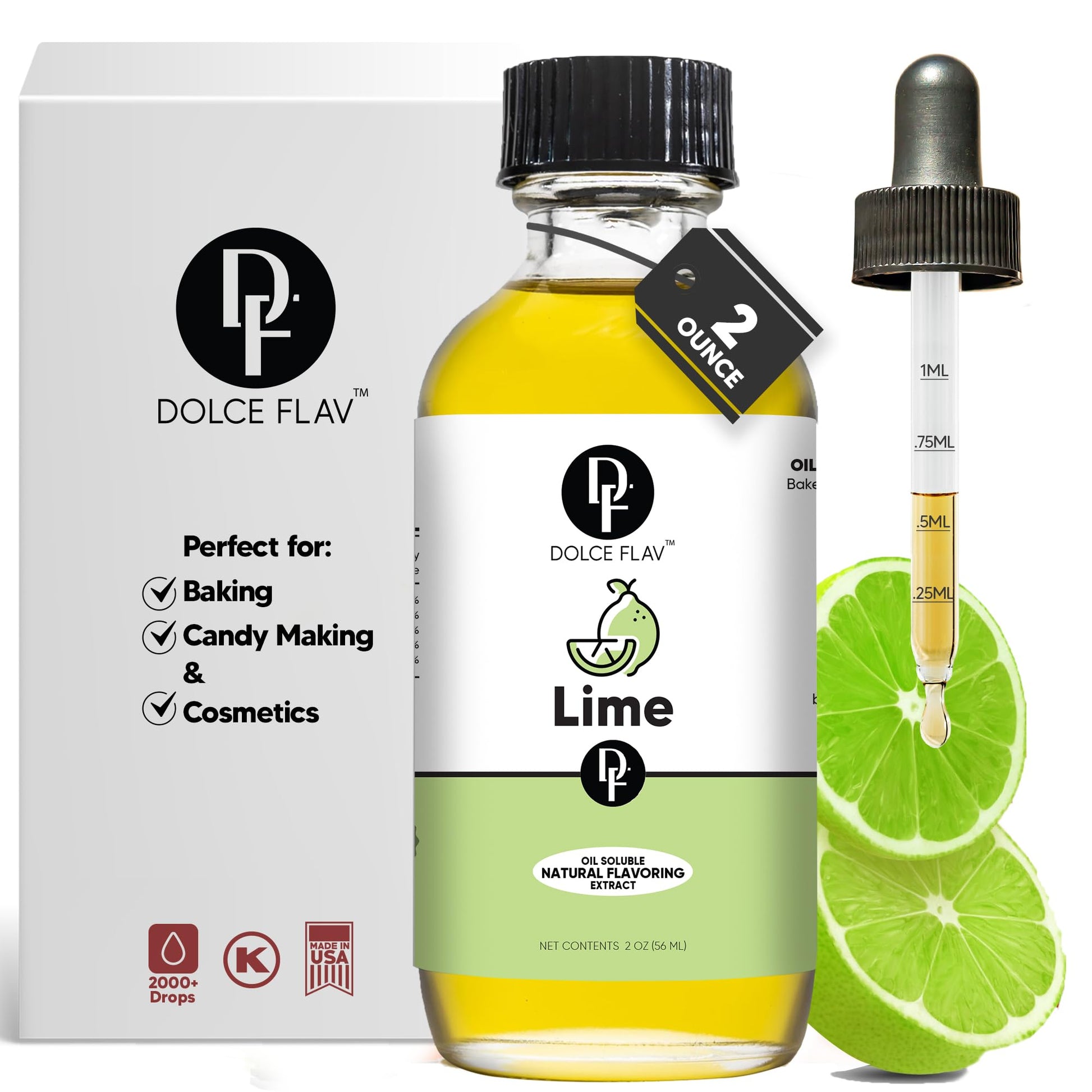 Dolce Flav Natural Lime Extract, 2 Ounce, Oil-Soluble, Kosher, Sugar-Free Flavor for Candy, Chocolates & Desserts