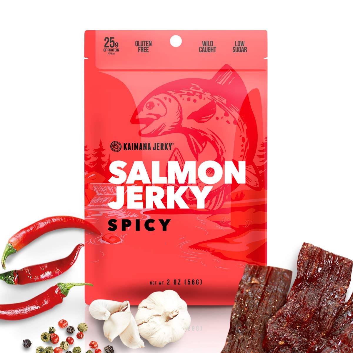 Kaimana Jerky Wild Caught Salmon Jerky - Organic, Low-Calorie, Spicy Flavor - 2oz Pack