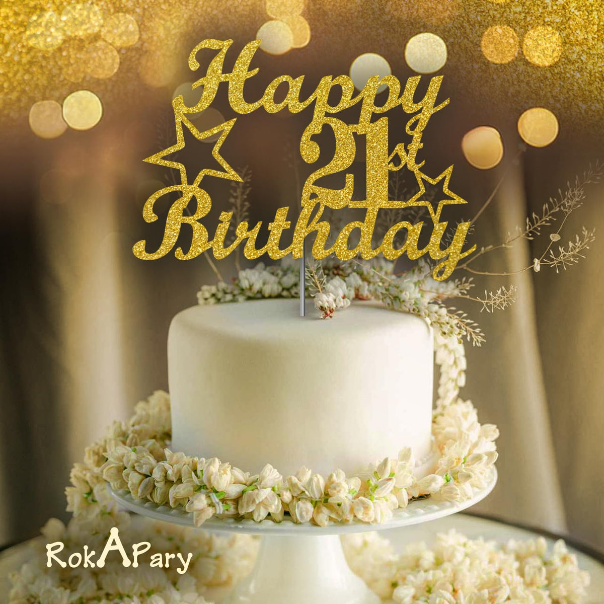 RokAPary 21 Birthday Cake Topper Gold Glitter, Acrylic, 1 Count, Sturdy Double-Sided, Made in USA
