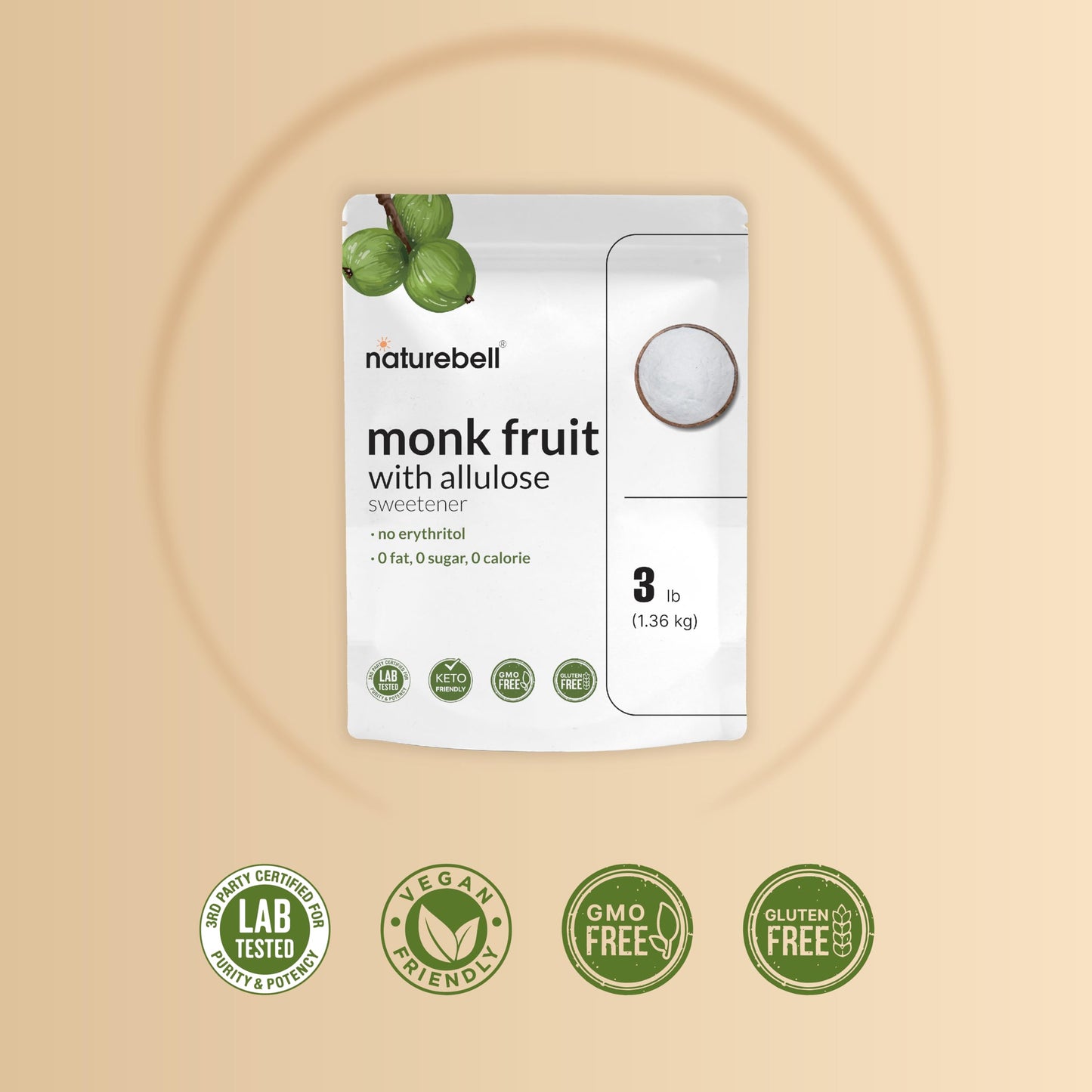 Monk Fruit & Allulose Sweetener with No Erythritol, 3 Pounds | 0 Aftertaste, 0 Calories, 0 Net Carbs - 1:1 Sugar Substitute - Pe