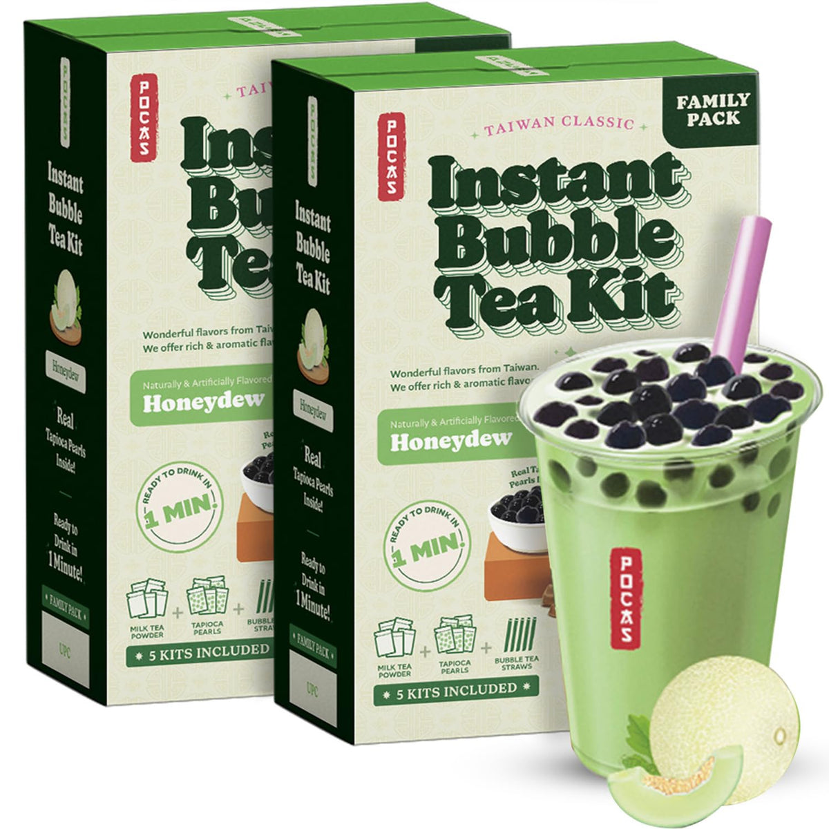 Pocas Bubble Tea Kit, Honeydew 2-Pack - Instant Milk Tea Powder with Authentic Tapioca Pearls for Instant Bubble Tea, 10 Kits
