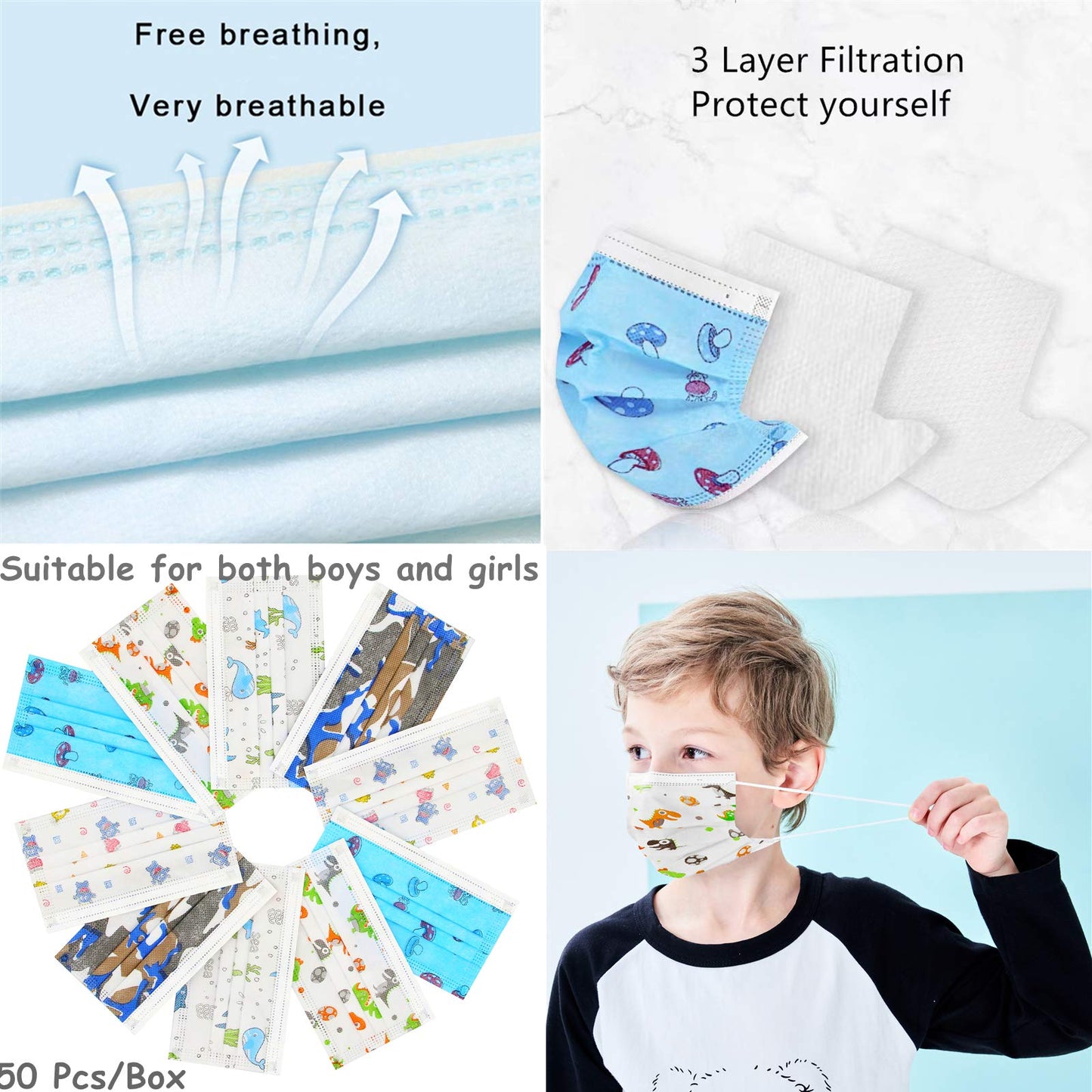 Mystcare Kids Disposable Face Mask 50 Pack Ages 5-12 Filter 3-Layer Safety Face Masks For Kids Daily Use.All Metal Nose Clips(Mu