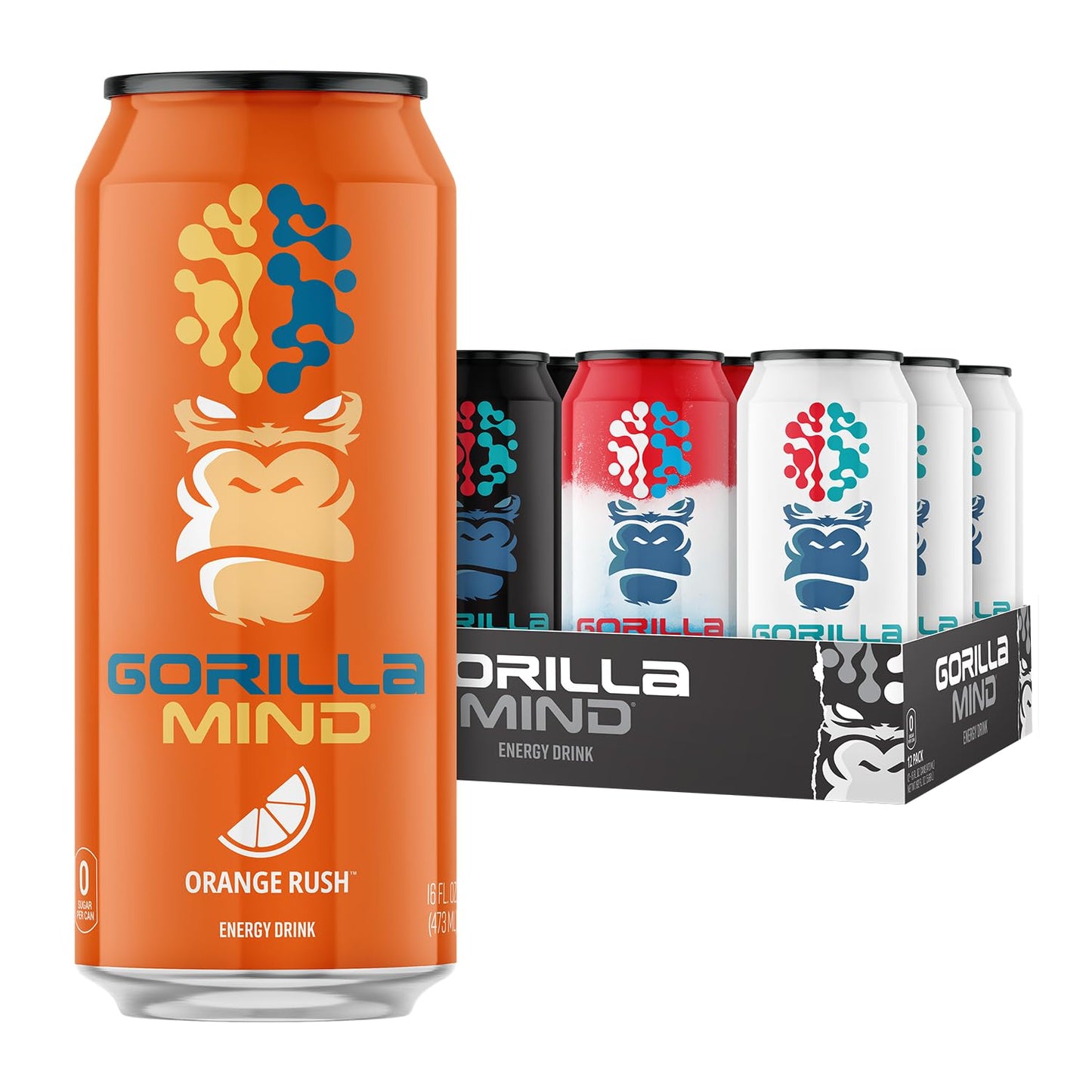 Gorilla Mind Energy Drink | Unmatched Energy  Amplified Focus | N-Acetyl-L-Tyrosine  Alpha-GPC  200mg Caffeine  Uridine  Saffron | 0 Sugar Or Artificial Colors | 16oz | 12-Pack (Variety Pack #2)