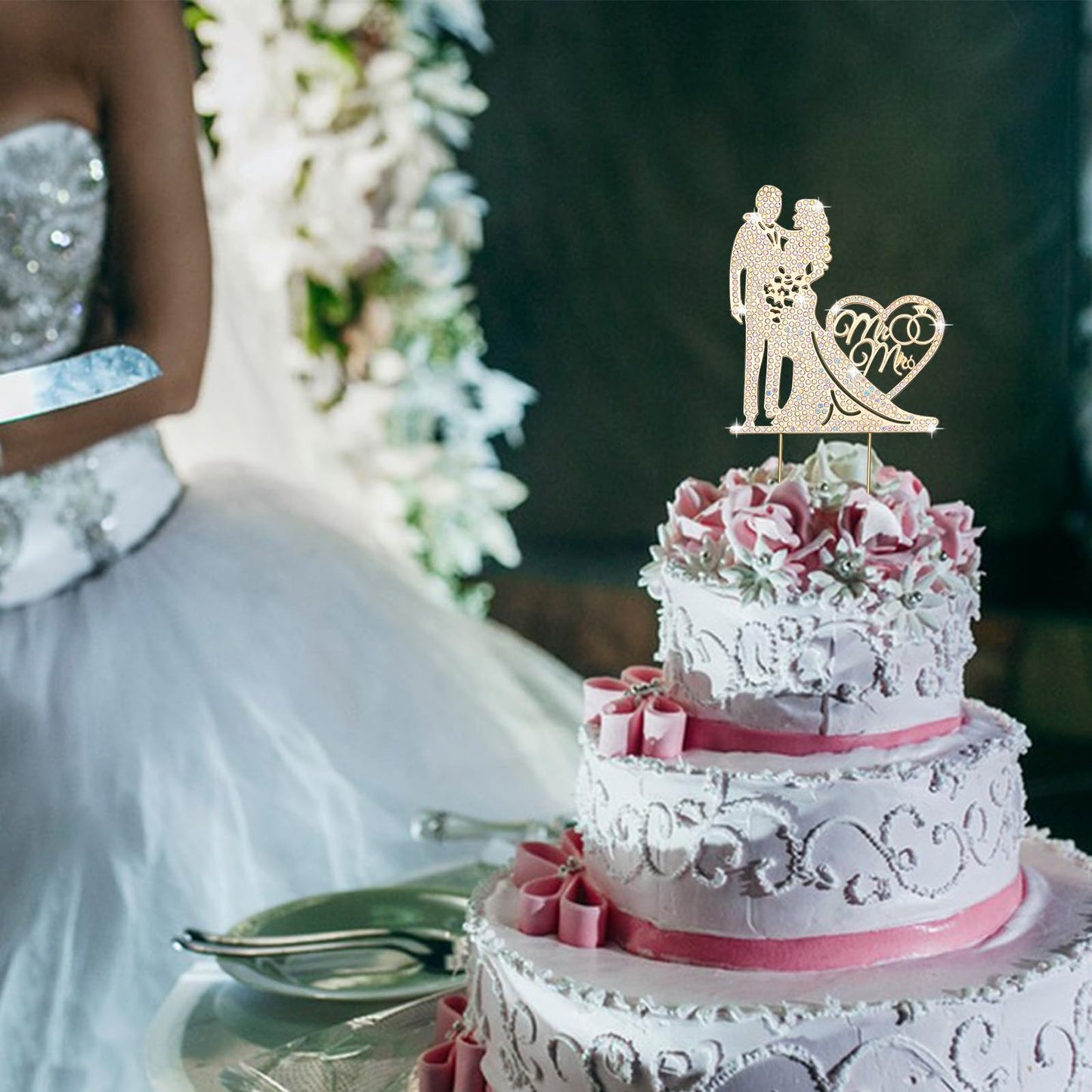 Jaciya Wedding Cake Topper Ab Crystal Rhinestone Metal Mr And Mrs Cake Topper Wedding Bride And Groom Bridal Shower Party Gold W