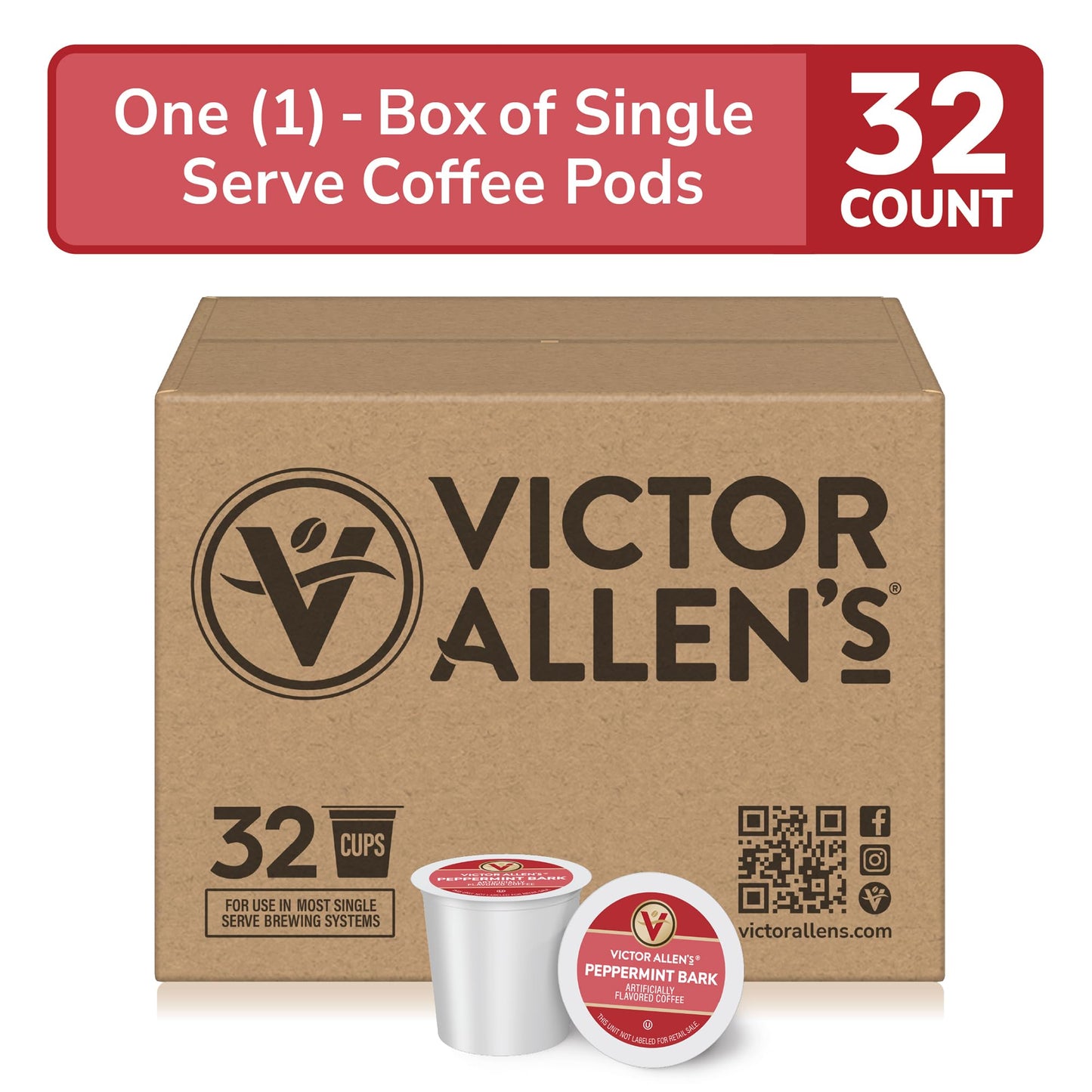 Victor Allens Coffee Peppermint Bark Medium Roast Single Serve Pods 32 Count Brown