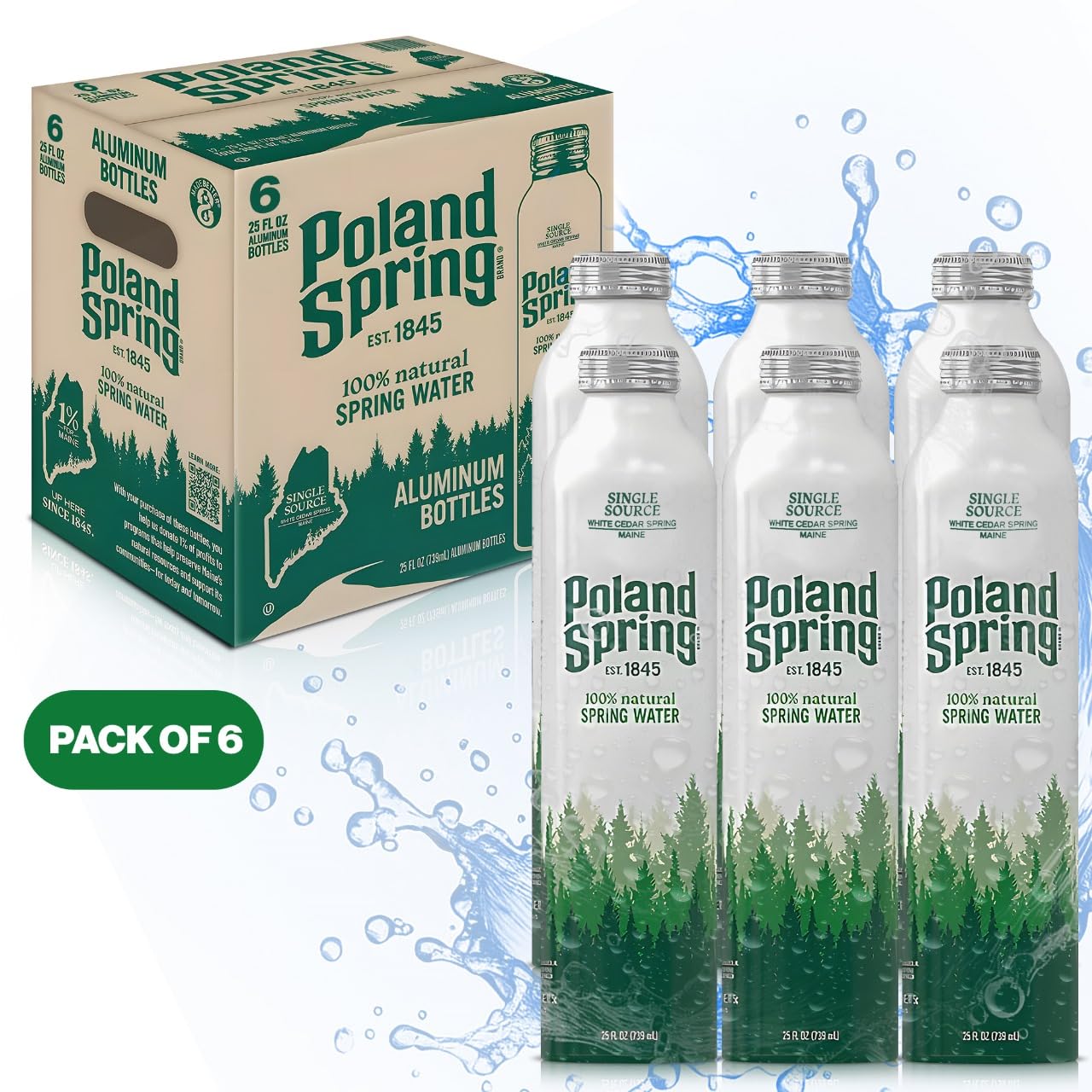 Poland Spring Brand 100% Natural Spring Water, 23 fl oz. 100% recyclable Aluminium Bottles by MIALO Trusted Trader (6 pack)