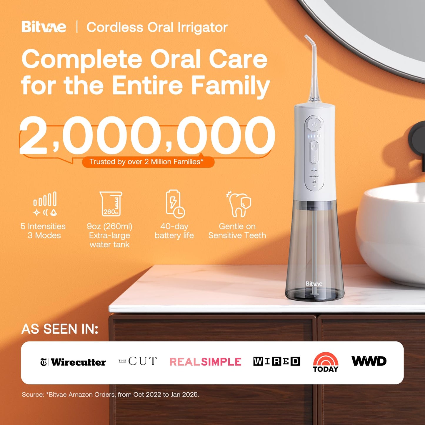 Bitvae Water Dental Flosser For Teeth, Rechargeable Water Teeth Cleaner Picks, Ipx7 Waterproof Water Flosser, 3 Modes 6 Jet Tips