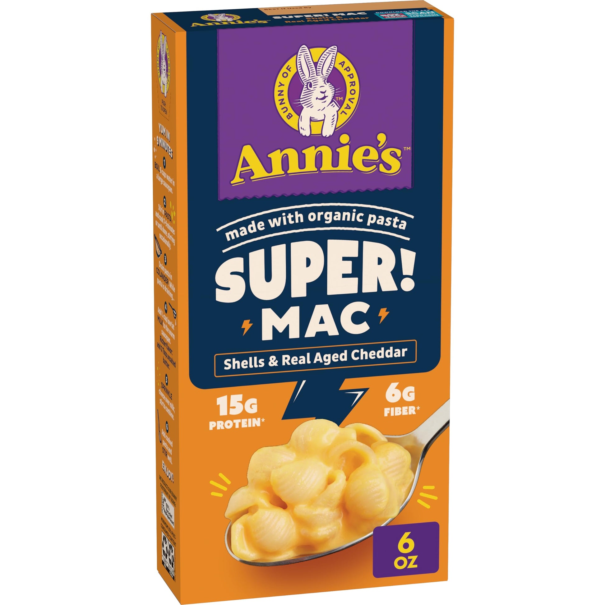 Annies Super! Mac, Protein Macaroni And Cheese Dinner, Shells & Real Aged Cheddar, 6 oz.