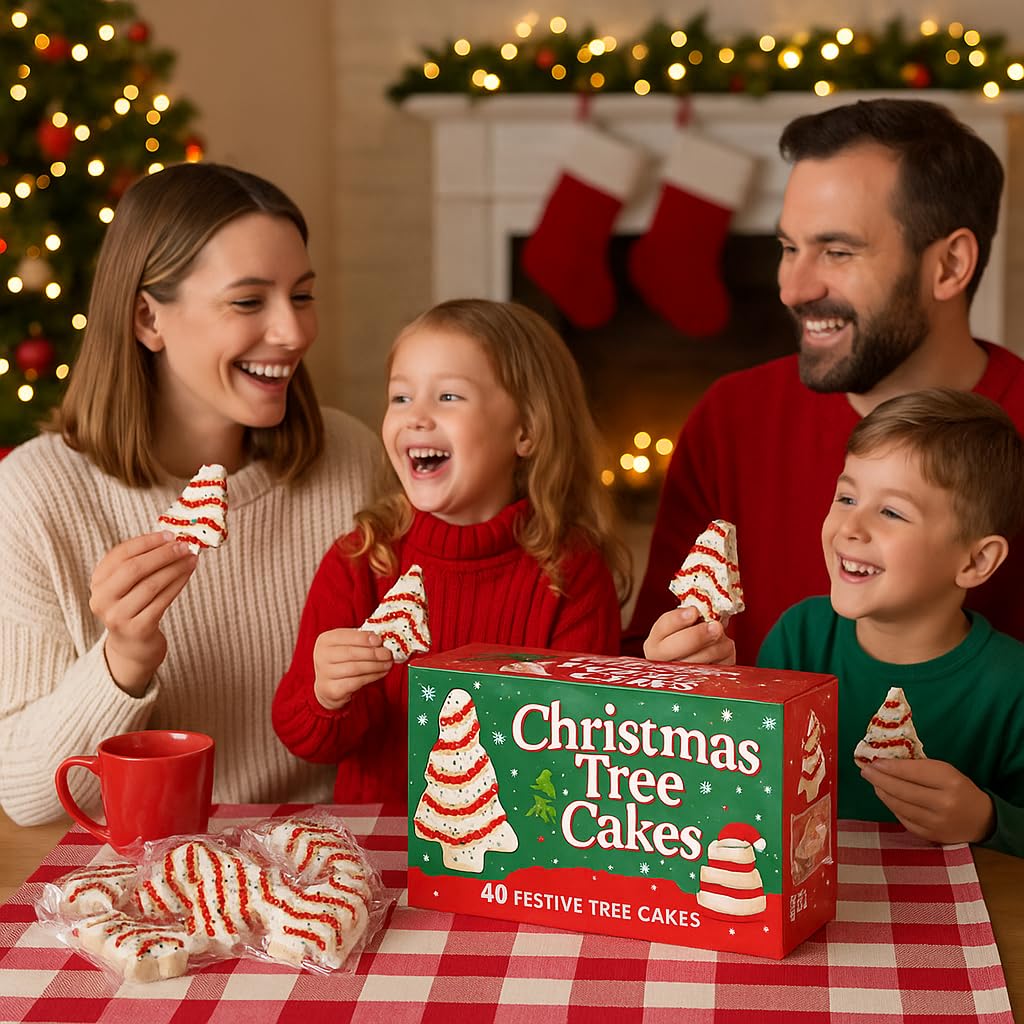 Christmas Tree Cakes Bulk 40 Count - Festive Holiday Snack Cakes Gift Box - Individually Wrapped Vanilla Cakes - Perfect for Par