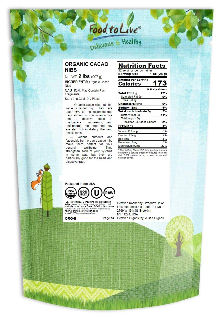 Food to Live Organic Cacao Nibs, 2 Pounds - Unsweetened, Non-GMO, Kosher, Raw, Vegan, Sirtfood, Bulk