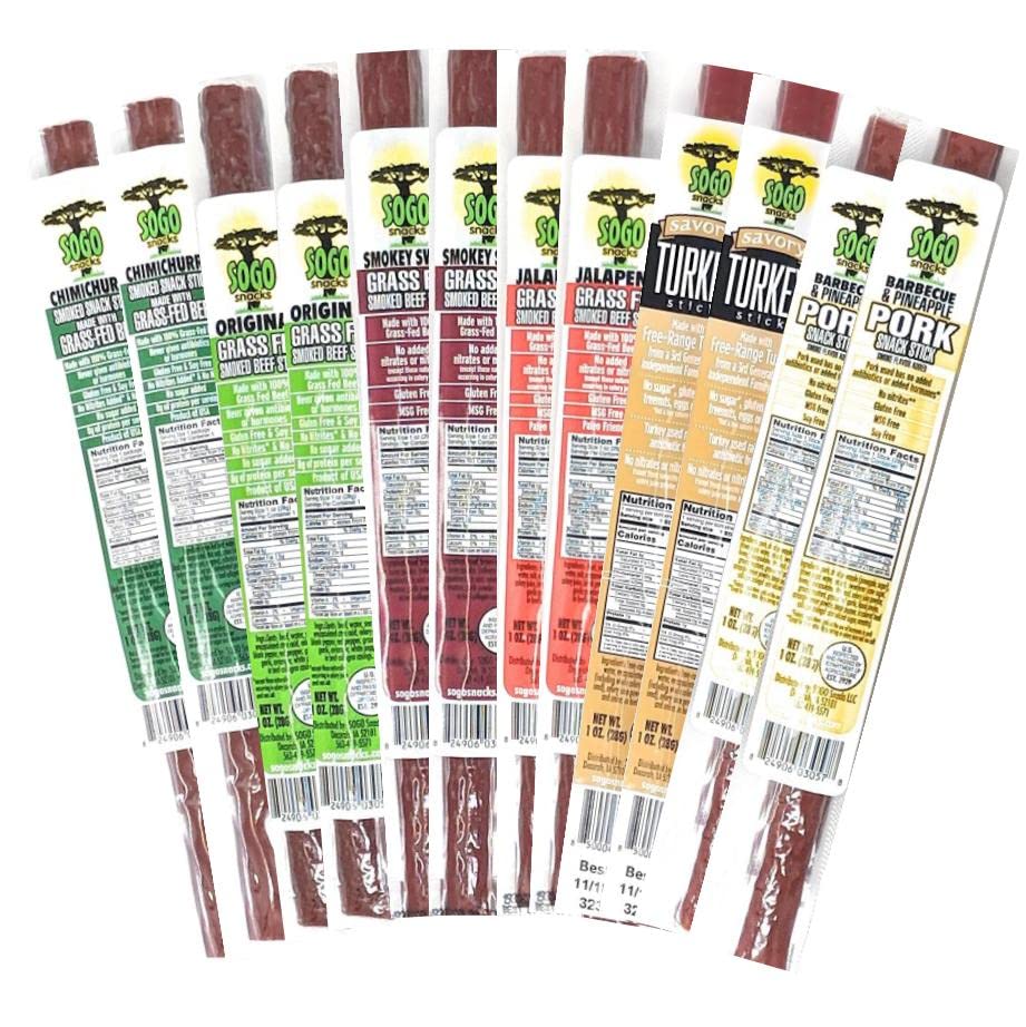 Sogo Snacks Variety Meat Sticks, 6 Flavors, 100% Grass-Fed Beef, Free-Range Turkey, Natural Pork, 12 Sticks, 1 oz Each