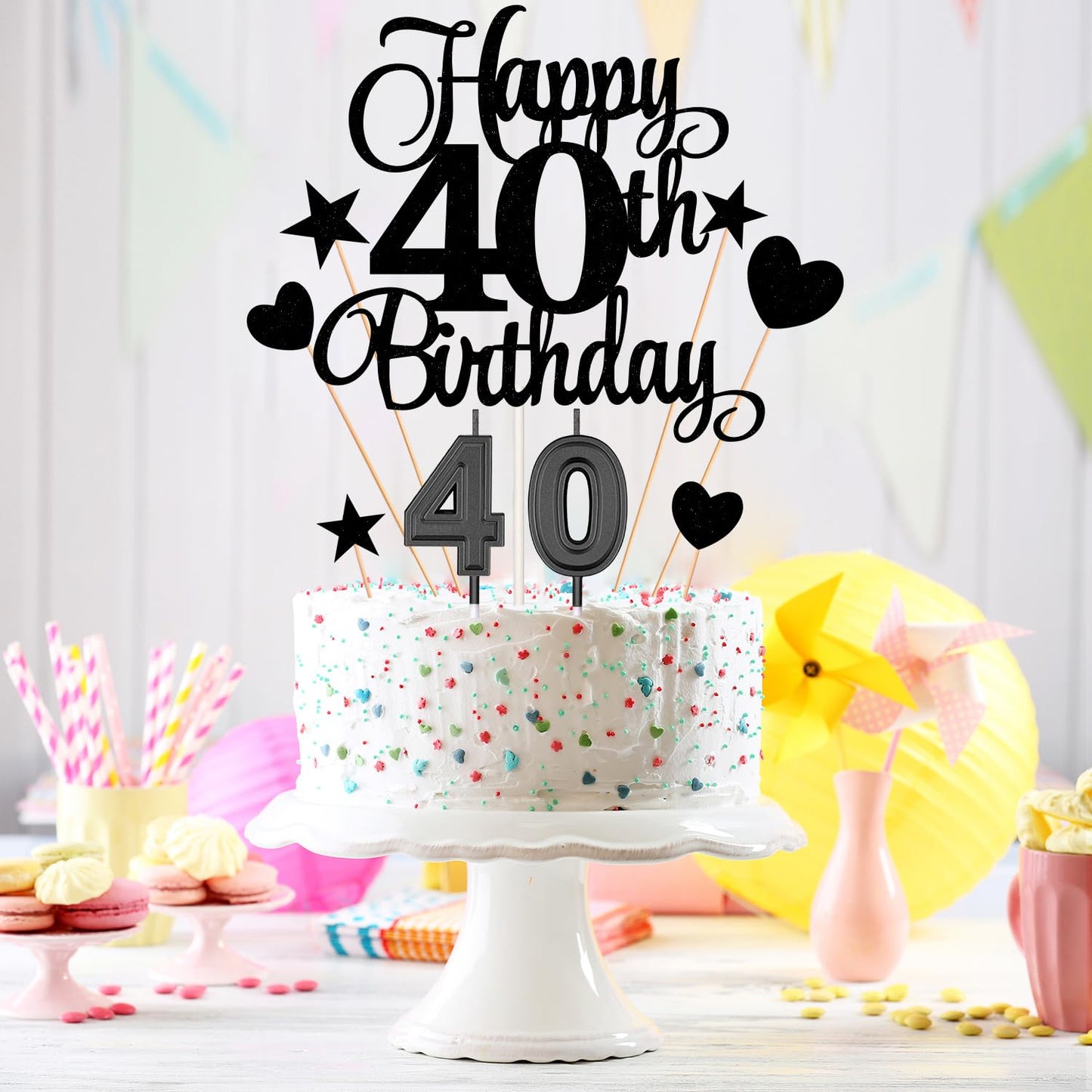 HOGRTi 40th Birthday Cake Decorations Set, Black Series, Paper Candles & Toppers, Numeral 40, Heart & Star Cupcake Picks