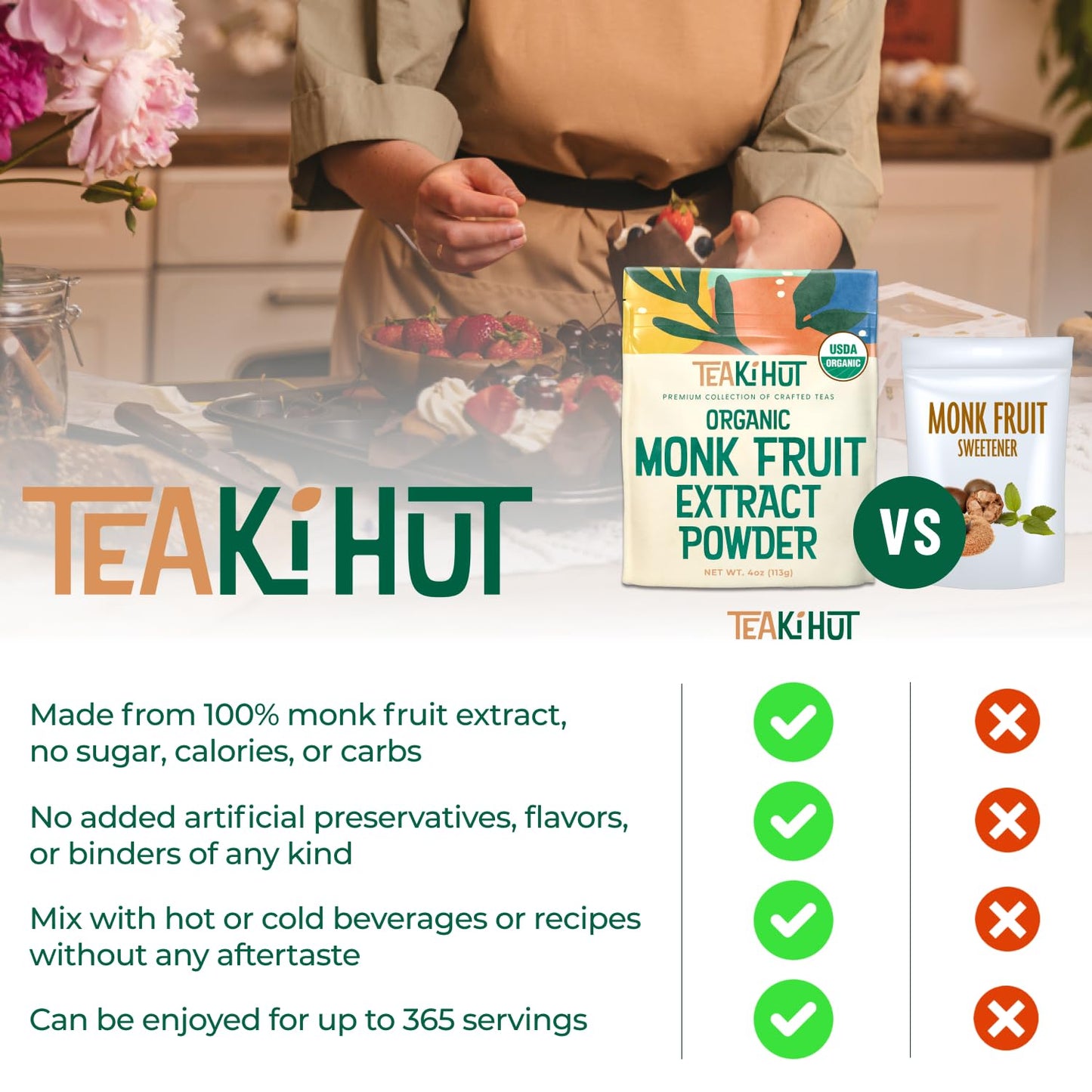 Organic Pure Monk Fruit Sweetener, No Erythritol 4oz, 100% Monk Fruit Extract Organic Powder for Keto and Paleo Diet, No Afterta