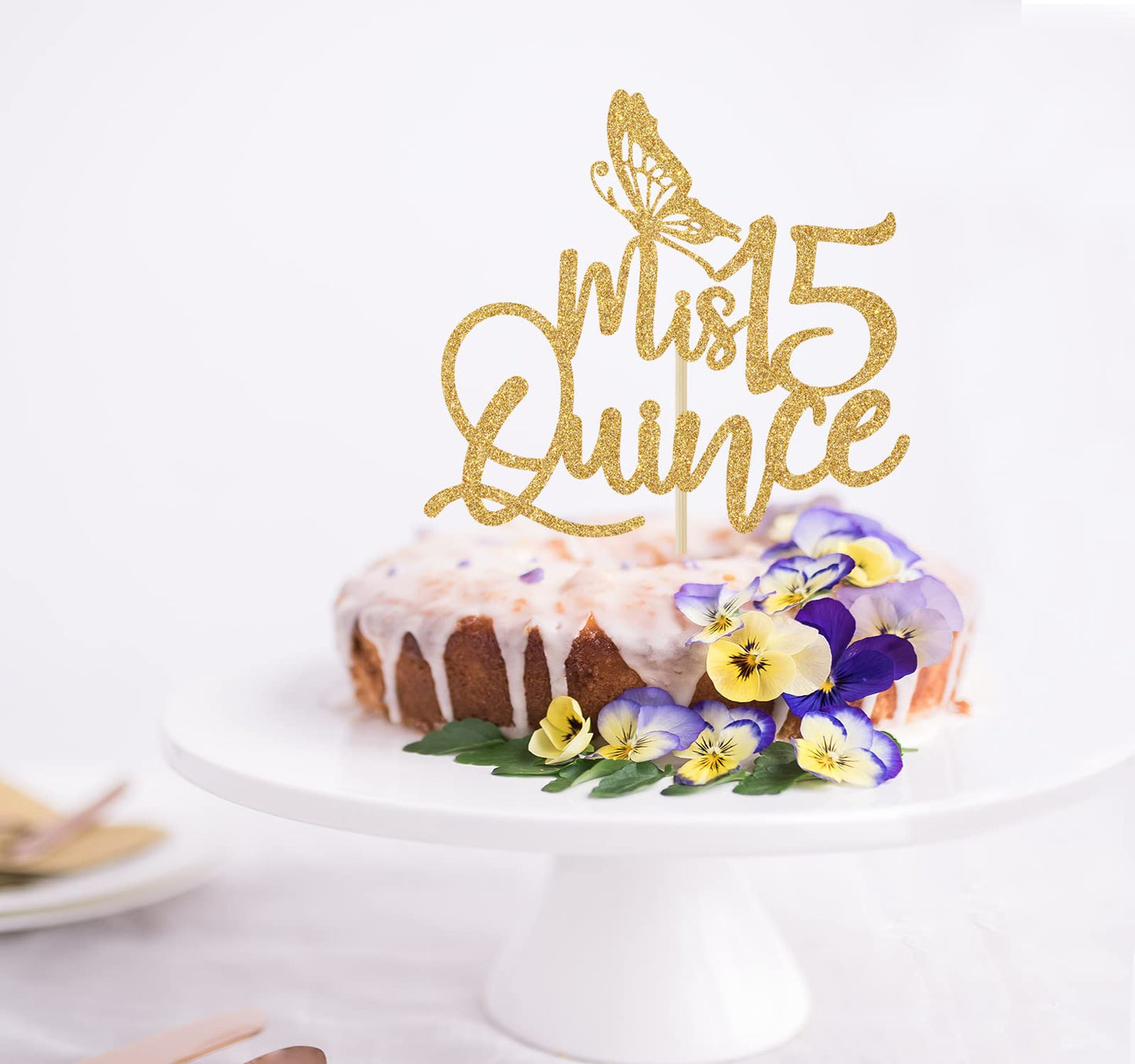 Mis Quince Gold Glitter Cake Topper, 15Th Birthday Decorations, Feliz 15 Aos, Cheers To 15 Years, 1 Pc, Yellow
