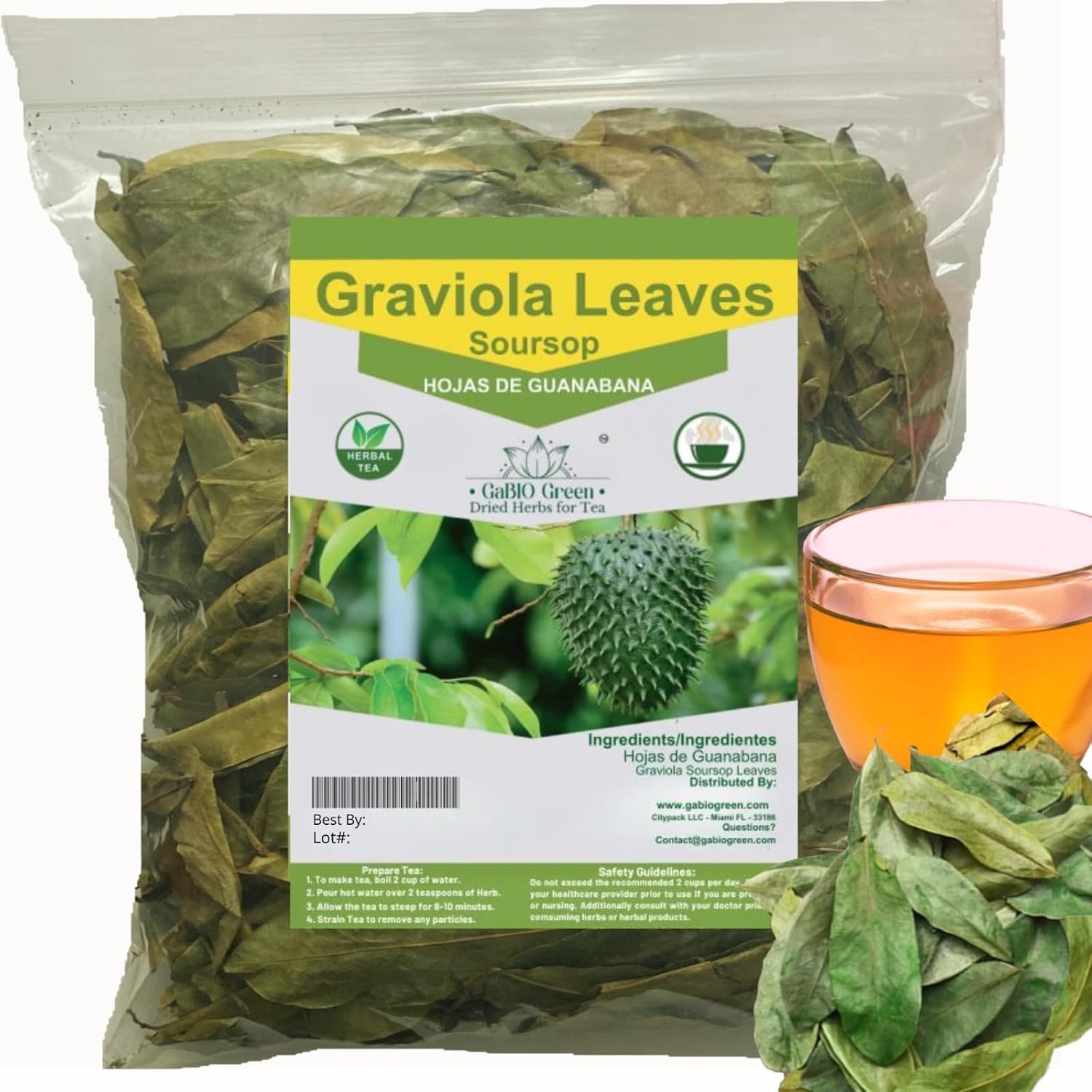 Gabio Green- Whole Soursop leaves(3oz/85gr) 180 + leaves aprox, Big Bag, Hojas de guanabana, tea Soursop, Resealable Bag, Dried 