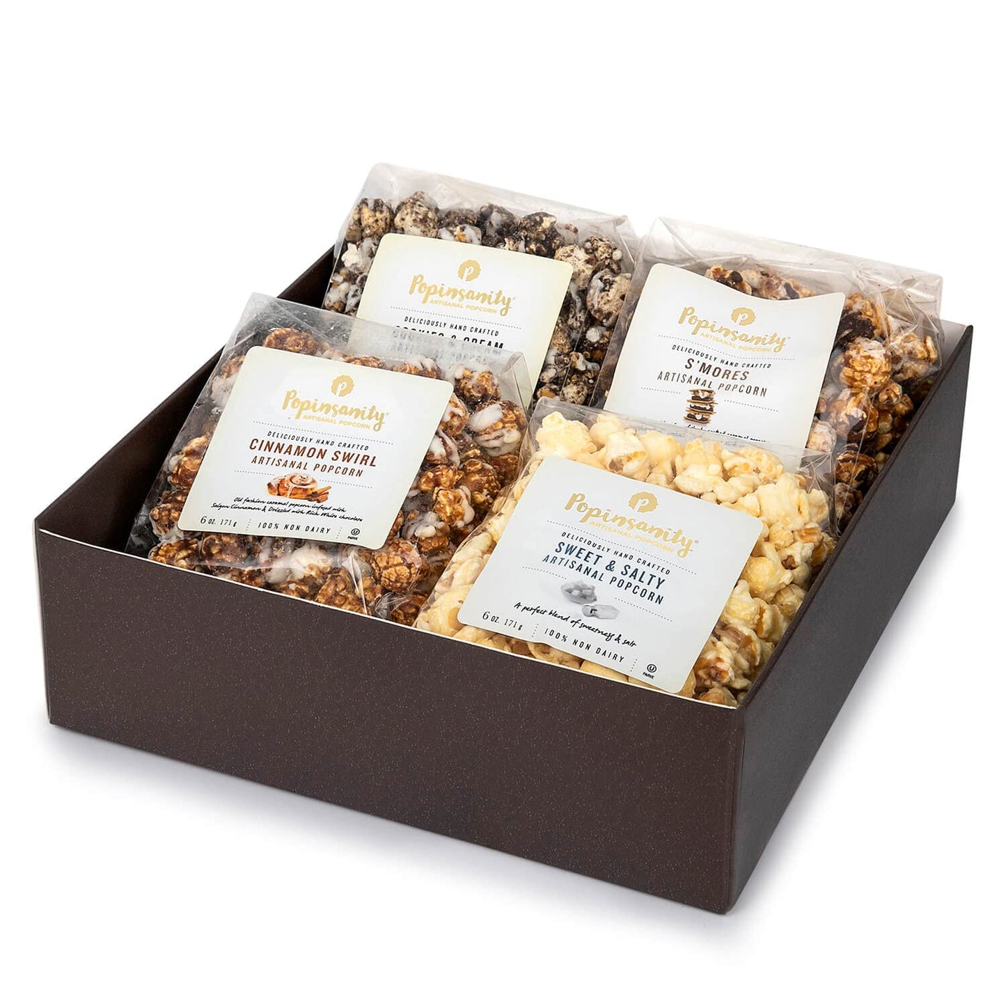 Popinsanity Gourmet Popcorn Gift Set In A Deep Chocolate Brown Deluxe Box. Overflowing With 4 Bags X 6 Oz Most Popular Popped Popcorn Flavors. Kosher, Non-Gmo, Dairy-Free. Variety Prime Gift Basket.