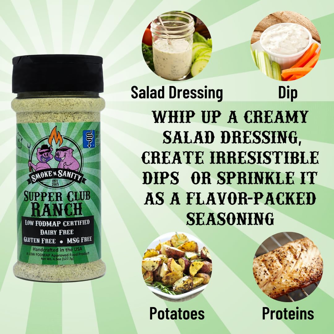 Smoke n Sanity Ranch Seasoning, Low FODMAP, Gluten Free, Dairy Free, 4.5 oz Shaker