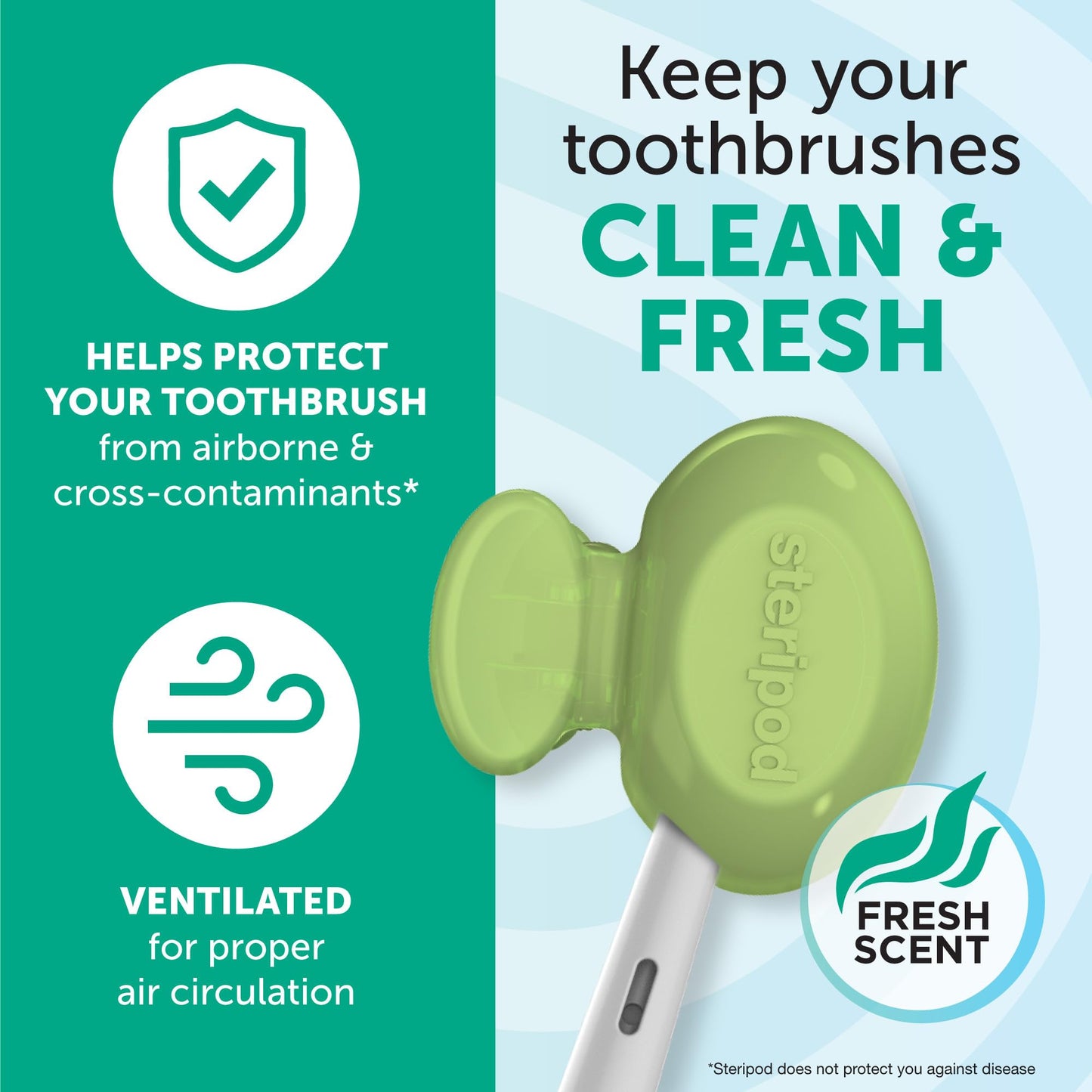Steripod Clip-On Toothbrush Protector, Keeps Toothbrush Fresh And Clean, Fits Most Manual And Electric Toothbrushes, Blue, Green