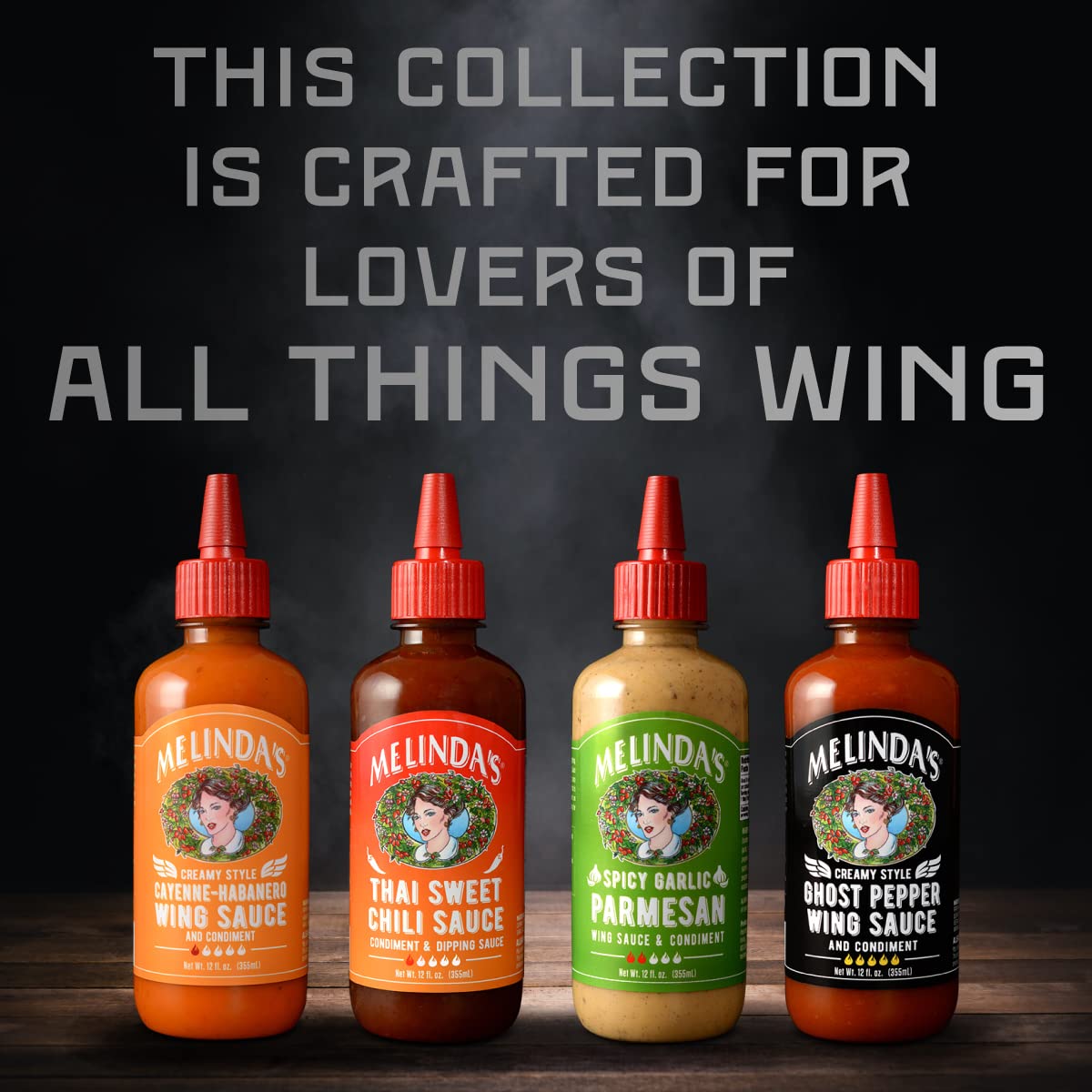 Melindas Wing Connoisseur Collection - Craft Wing Sauce Set, 12 Fl Oz (Pack of 4) - Includes Cayenne Habanero, Thai Sweet Chili, Spicy Garlic Parmesan,
