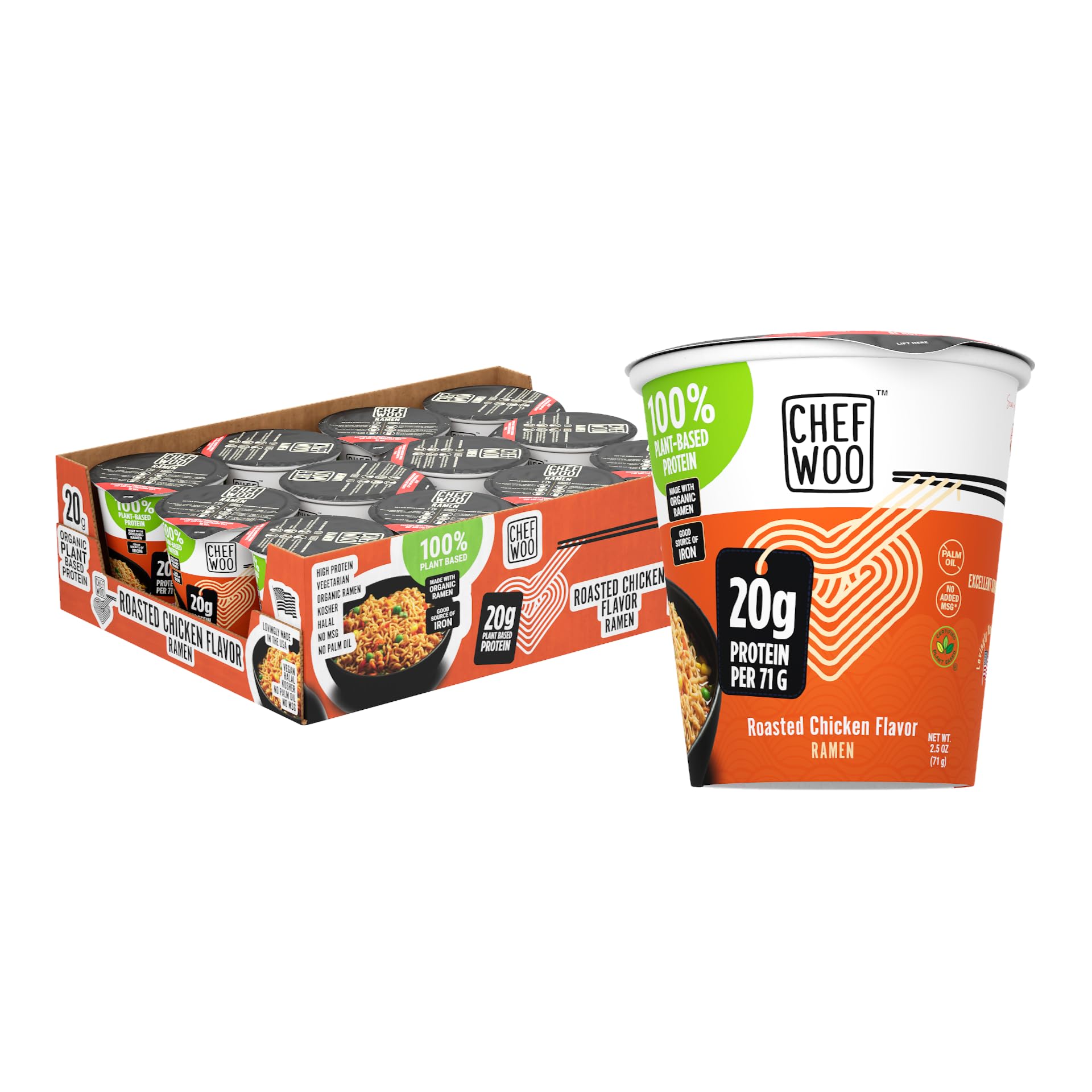 CHEF WOO Roasted Chicken Ramen Cup High Protein Noodles (12 PACK), 20g of Animalfree, Bioavailable Protein | Made in U.S. |